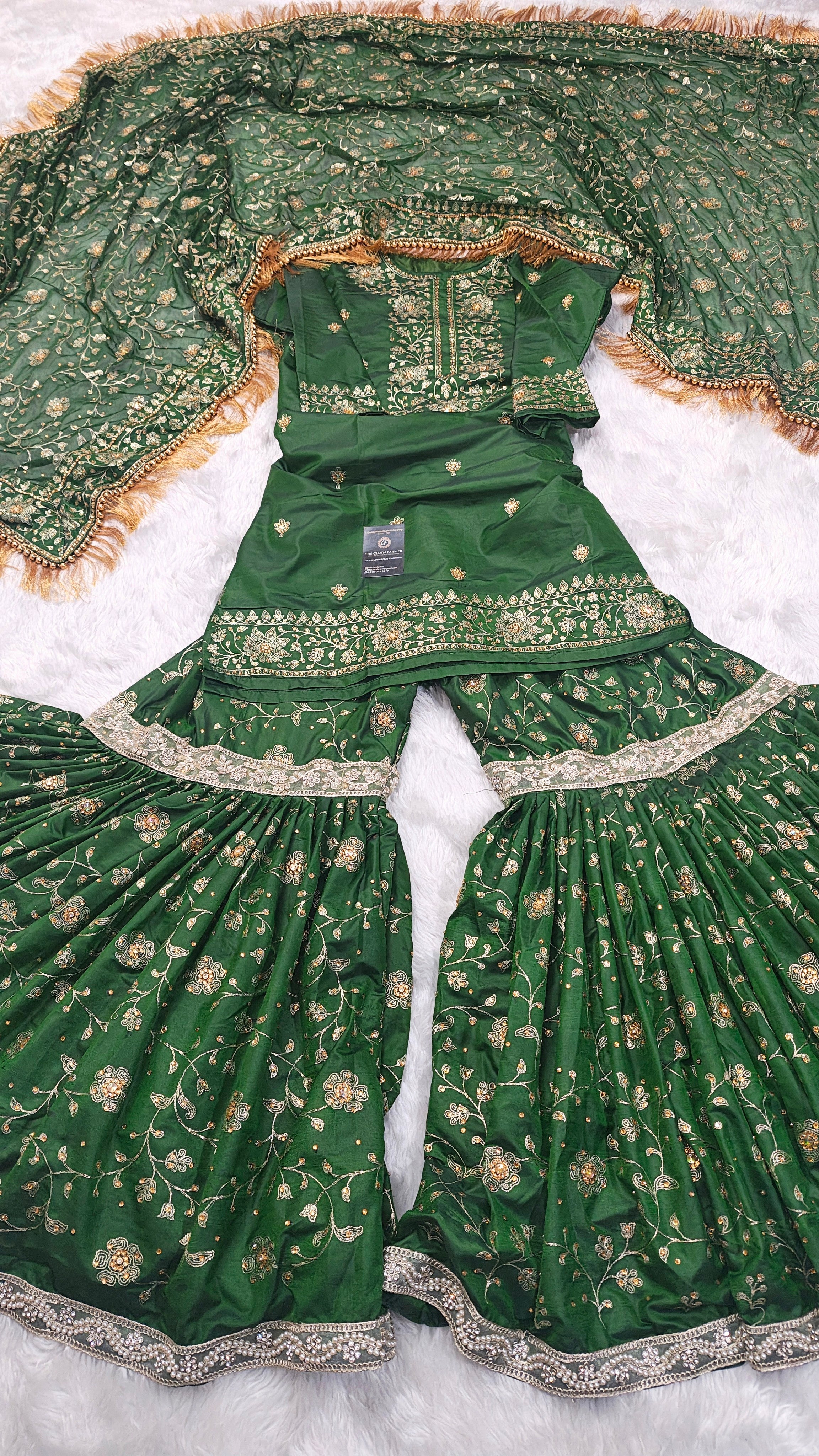 Dark Mehandi Green Embroidered Gharara with Viscose silk base