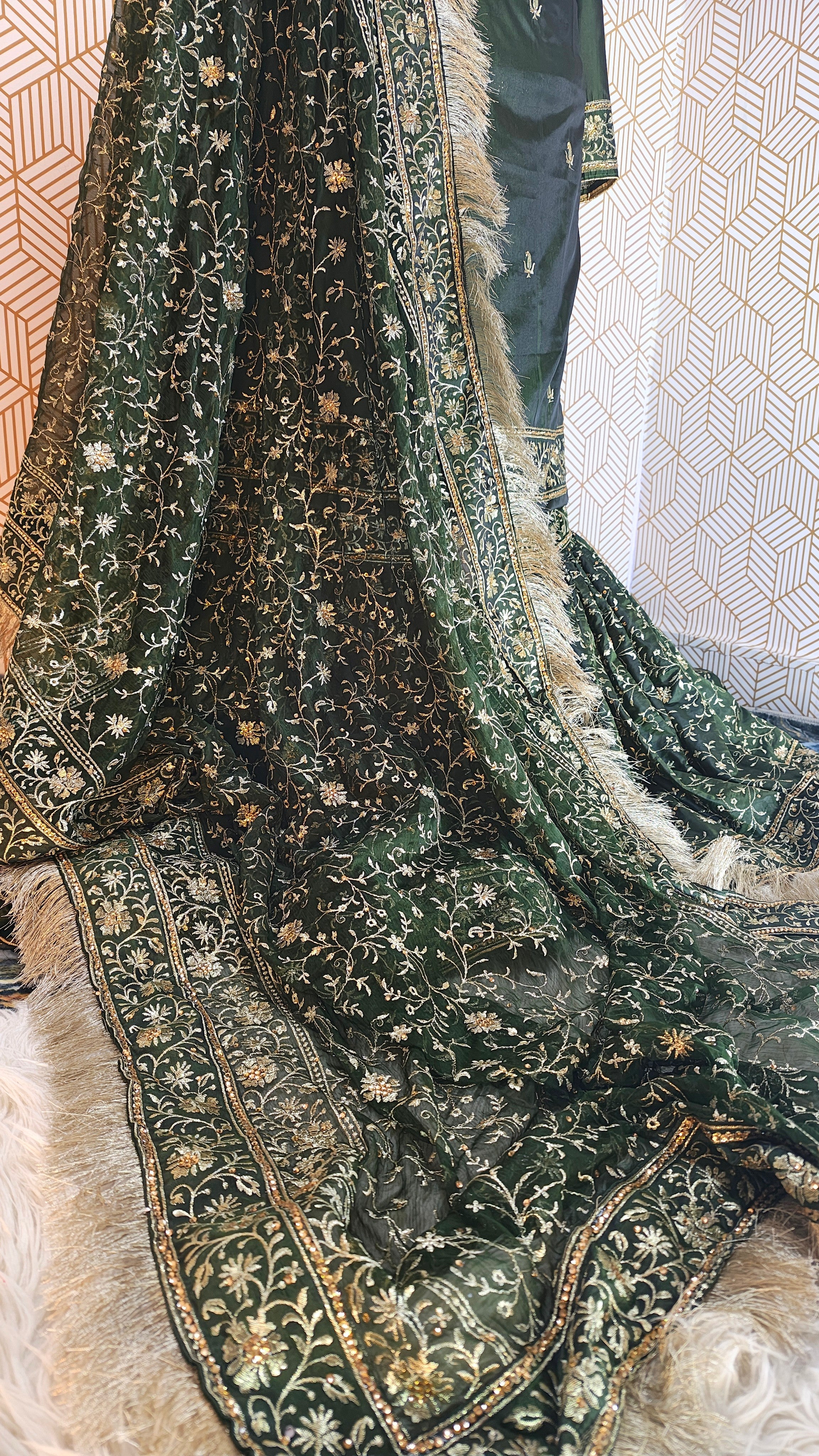 Dark Mehandi green Embroidered Gharara with Viscose silk base