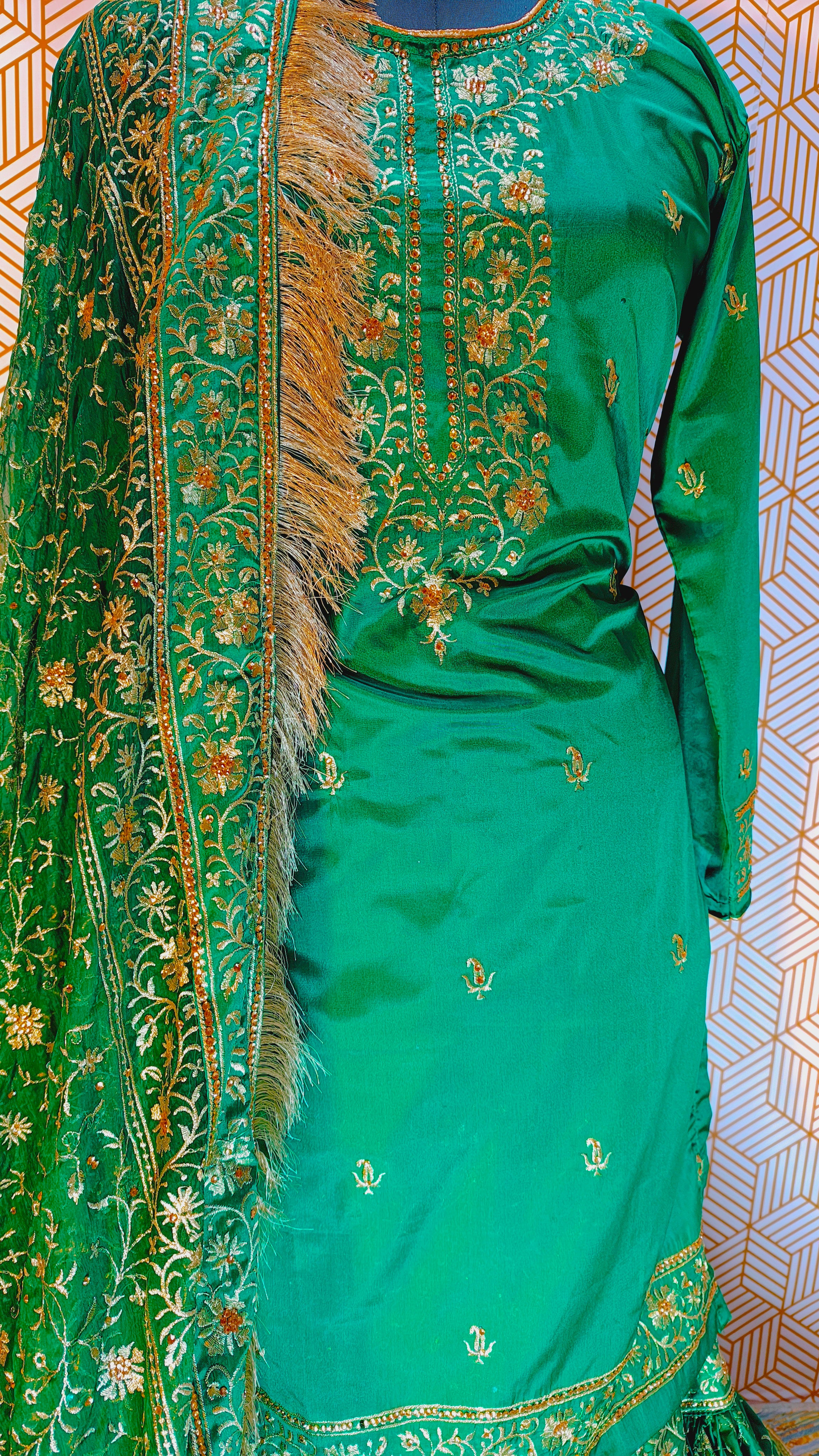 parrot Green Embroidered Gharara with Viscose silk base