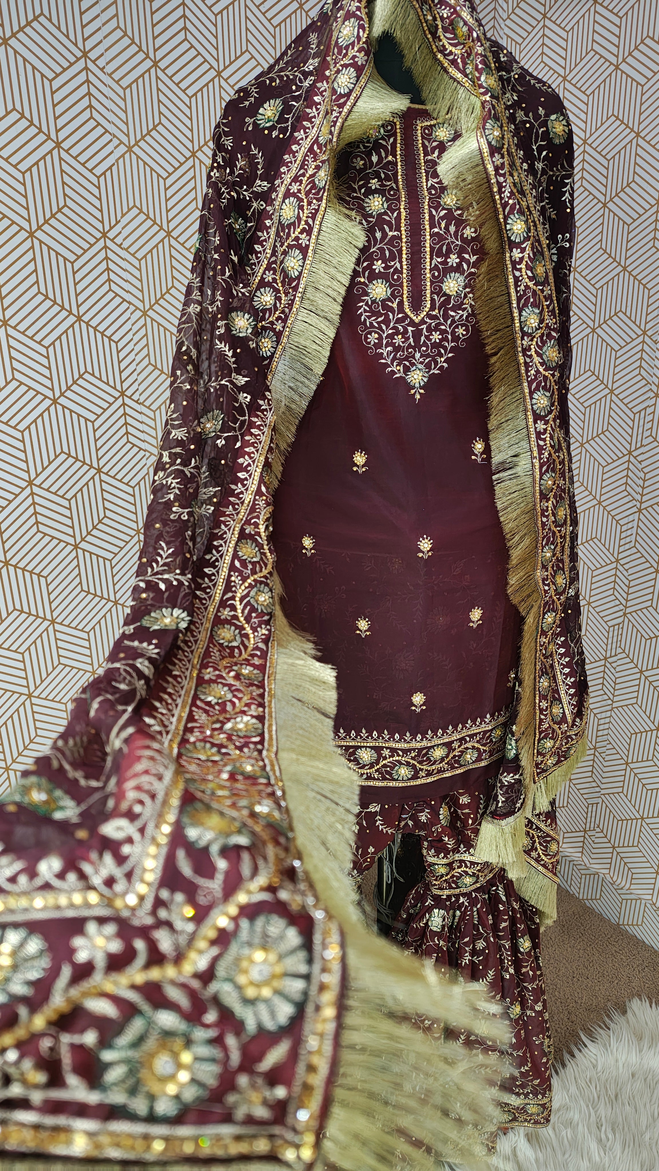 Coffee maroon Embroidered Gharara with Viscose silk base