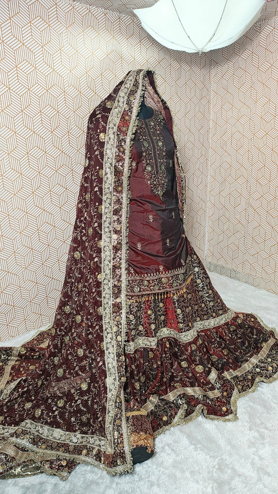 Dark maroon farshi long trail lahenga