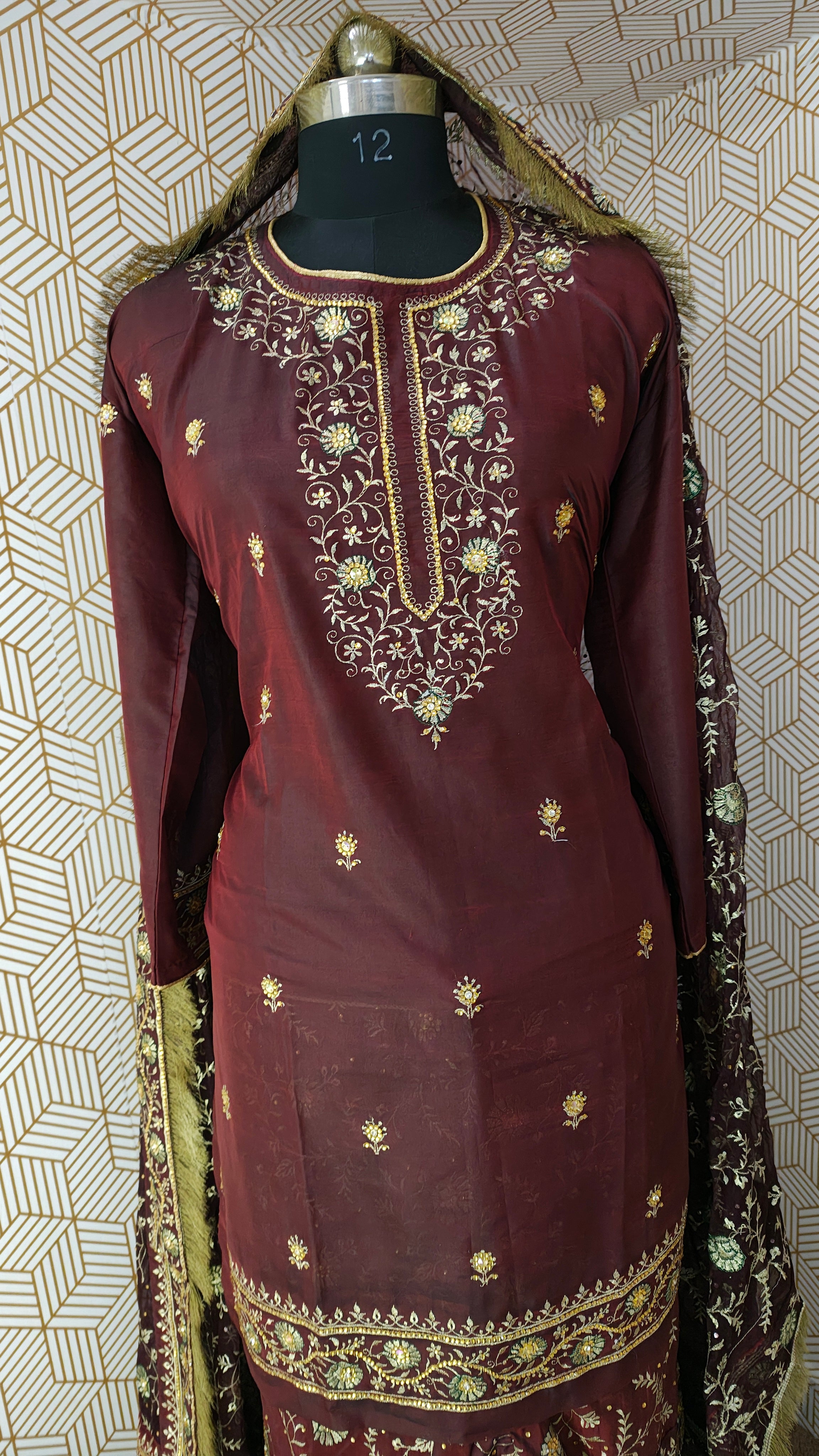 Coffee maroon Embroidered Gharara with Viscose silk base
