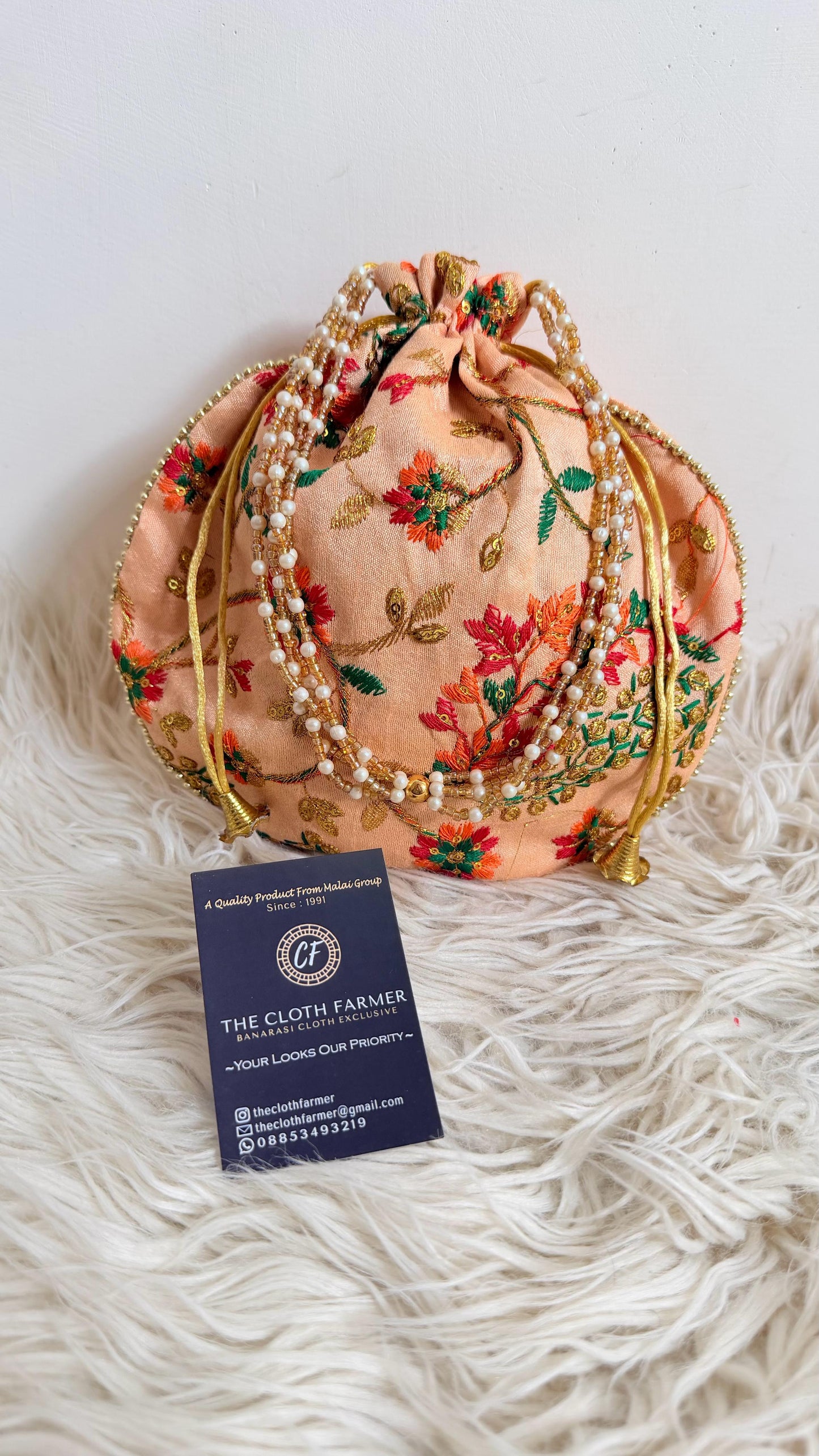 CREAM COLOR BANARASI EMBROIDED POTLI