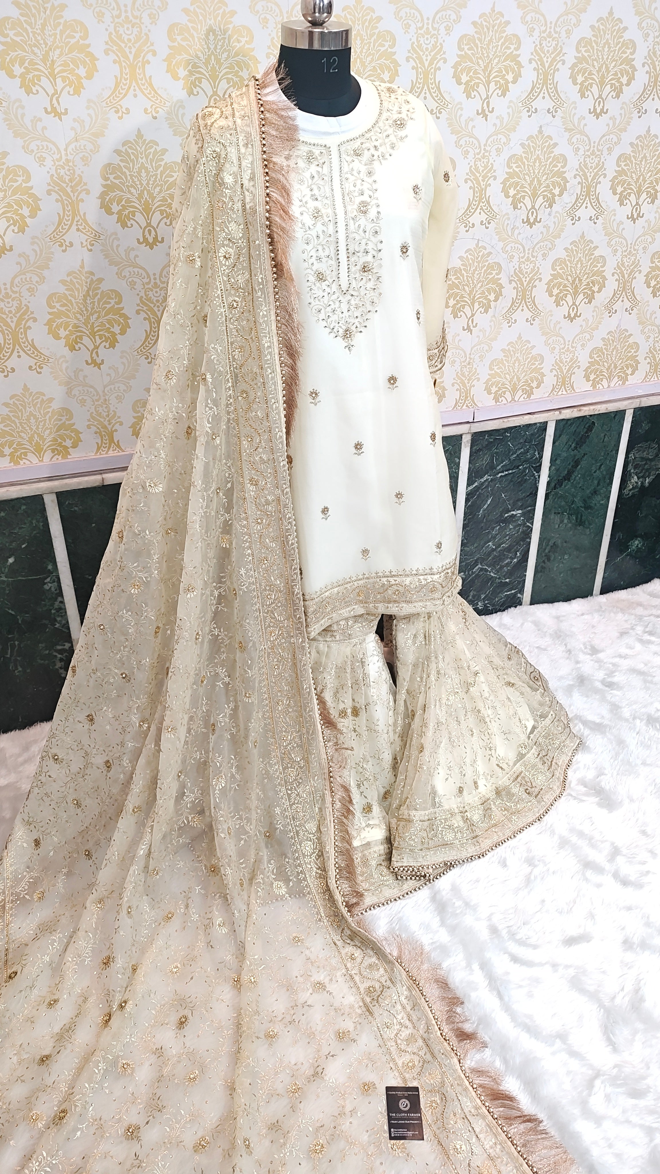 Off white Jaal Pattern Embroidered Gharara  THE CLOTH FARMER