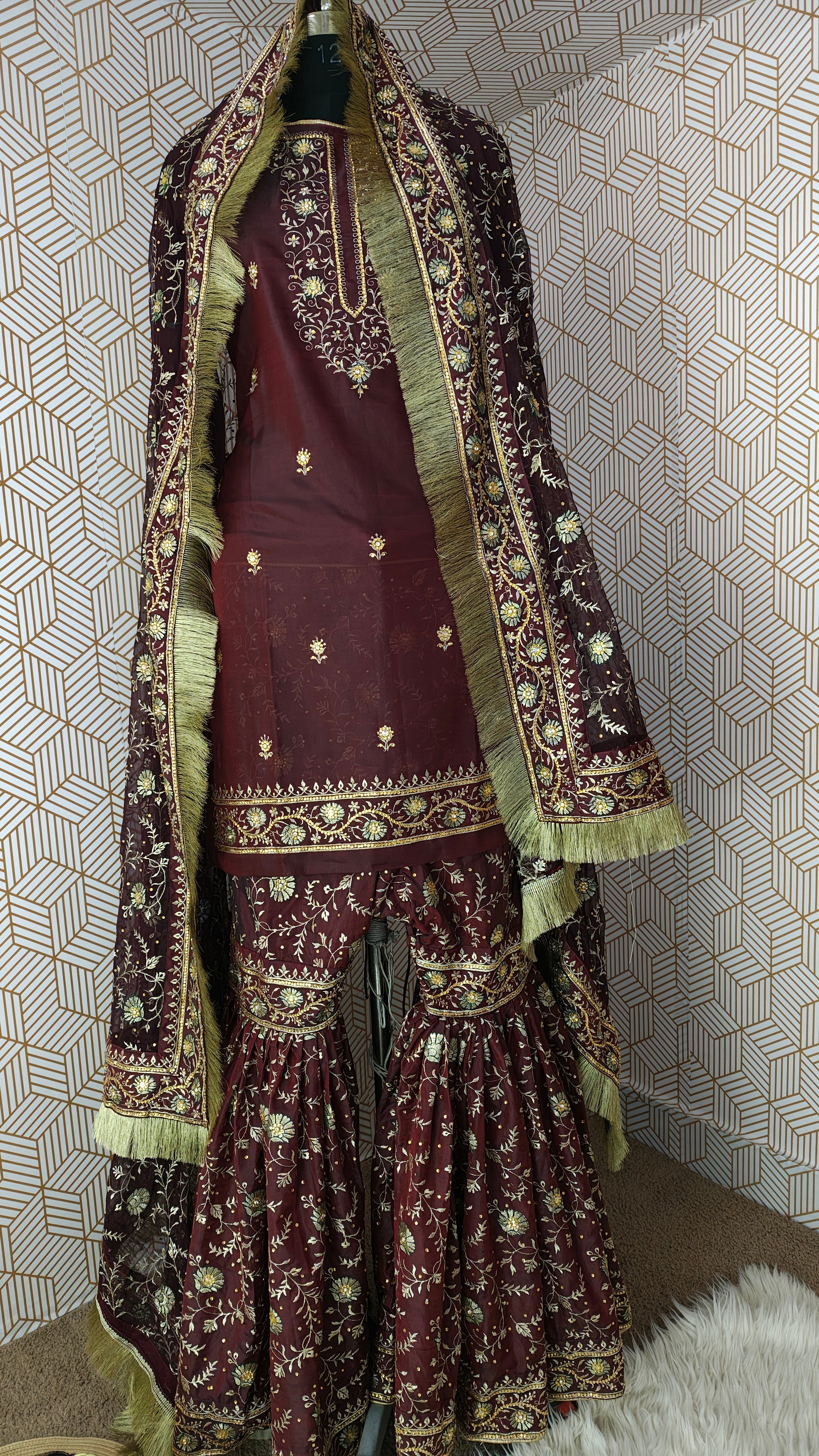 Coffee maroon Embroidered Gharara with Viscose silk base