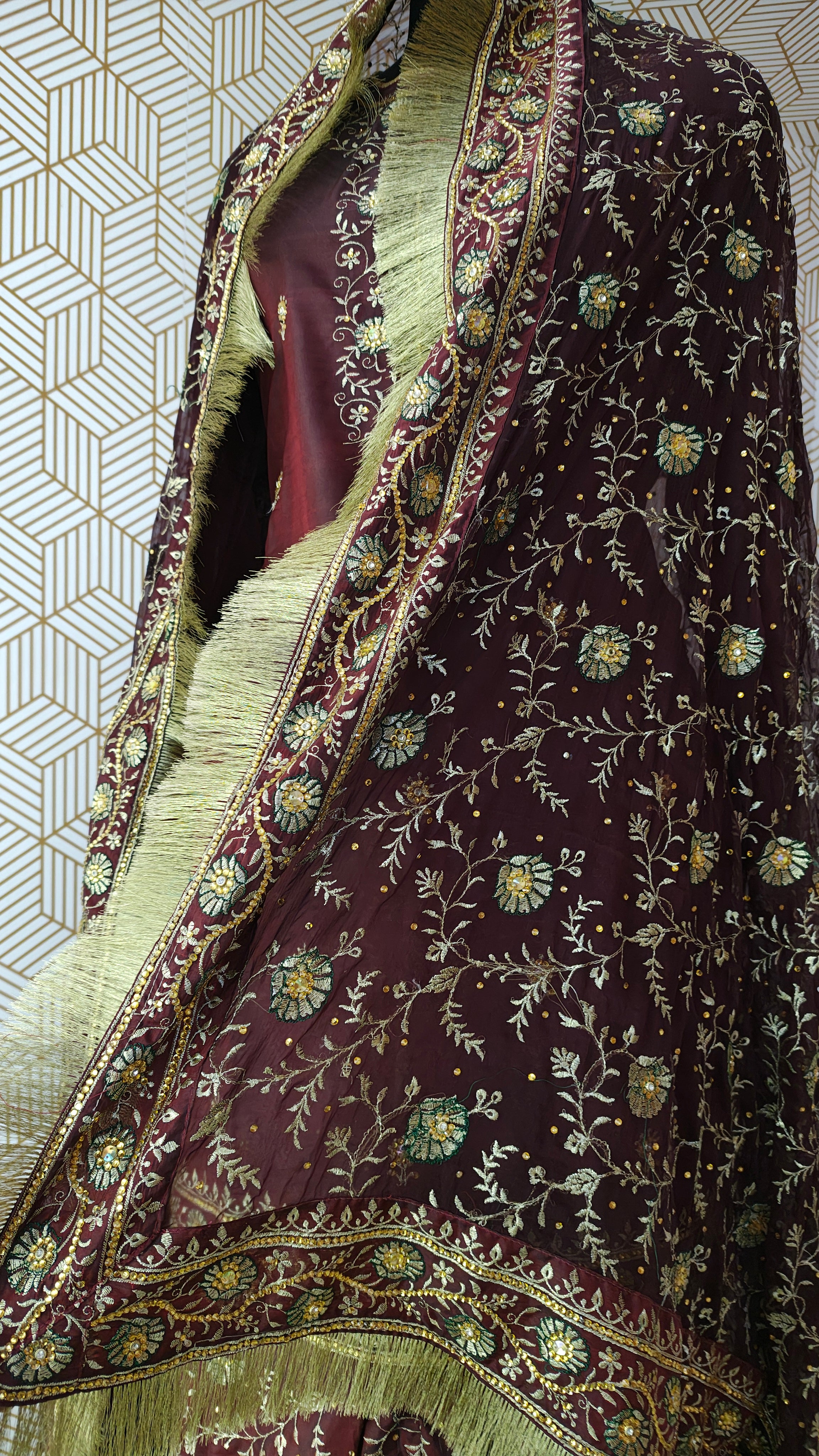 Coffee maroon Embroidered Gharara with Viscose silk base