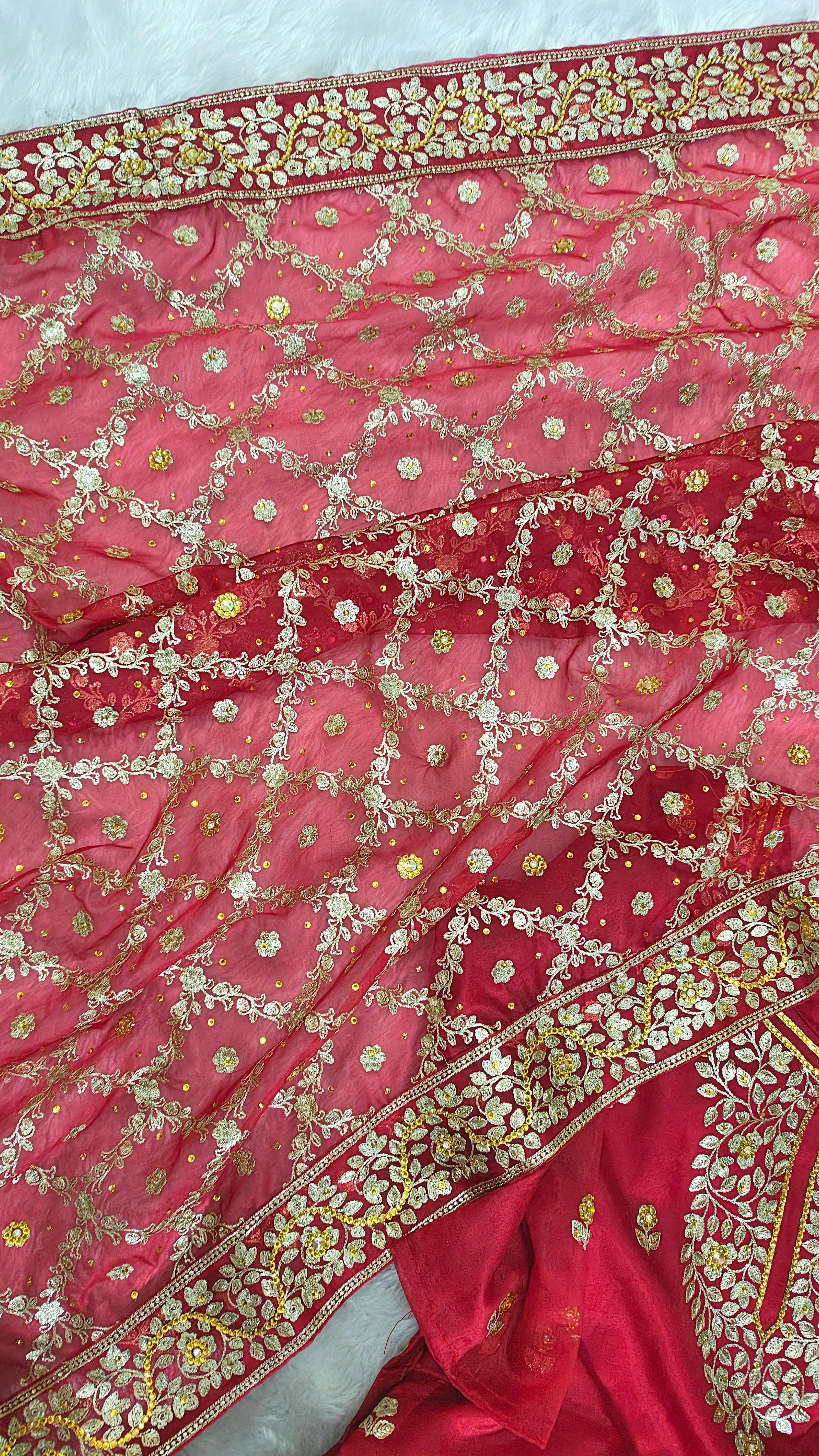 Bridal Maroon Jaal Pattern Embroidered Gharara