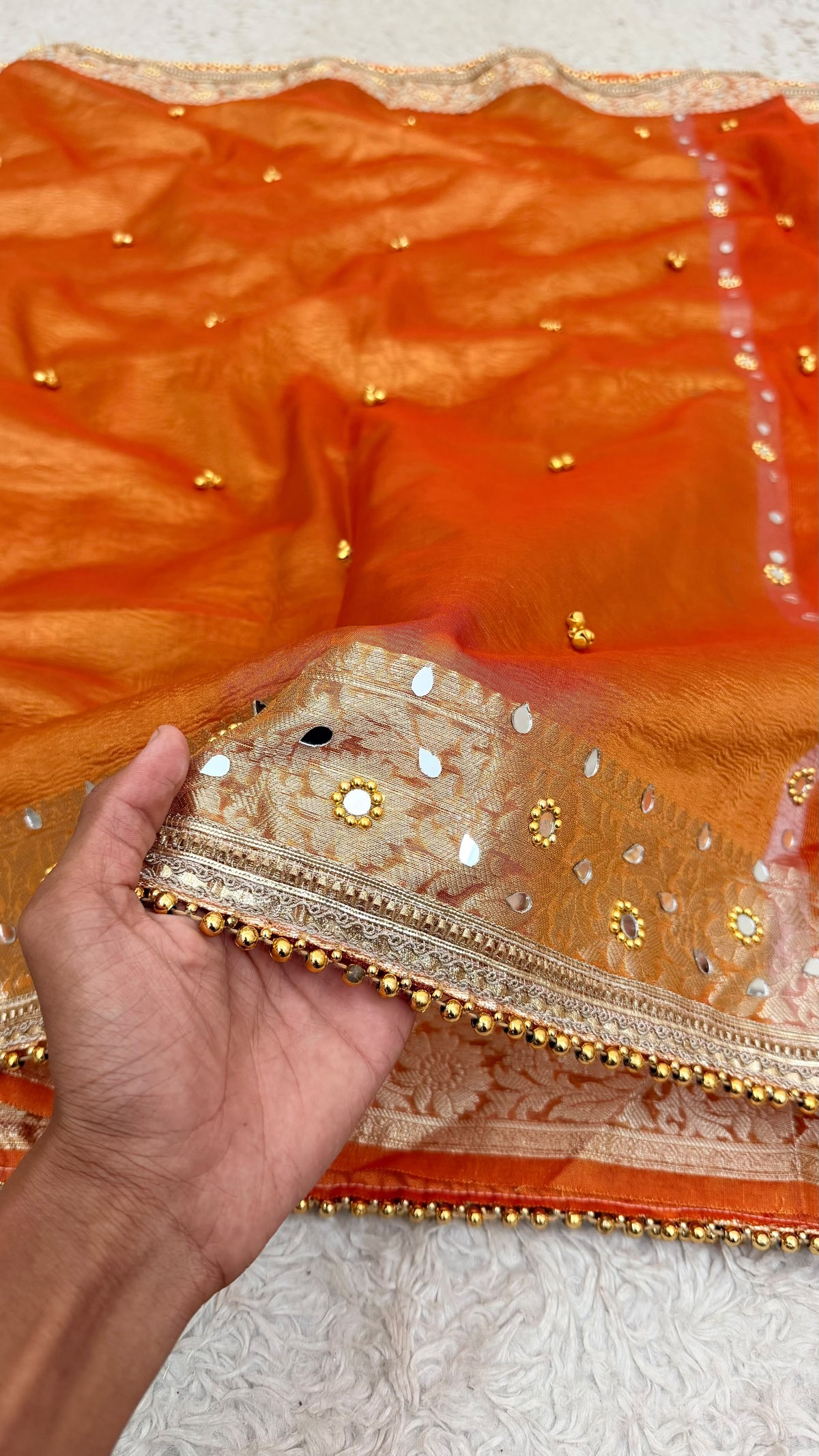METALLIC ORANGE GHUGROO MIRROR WORK SAREE