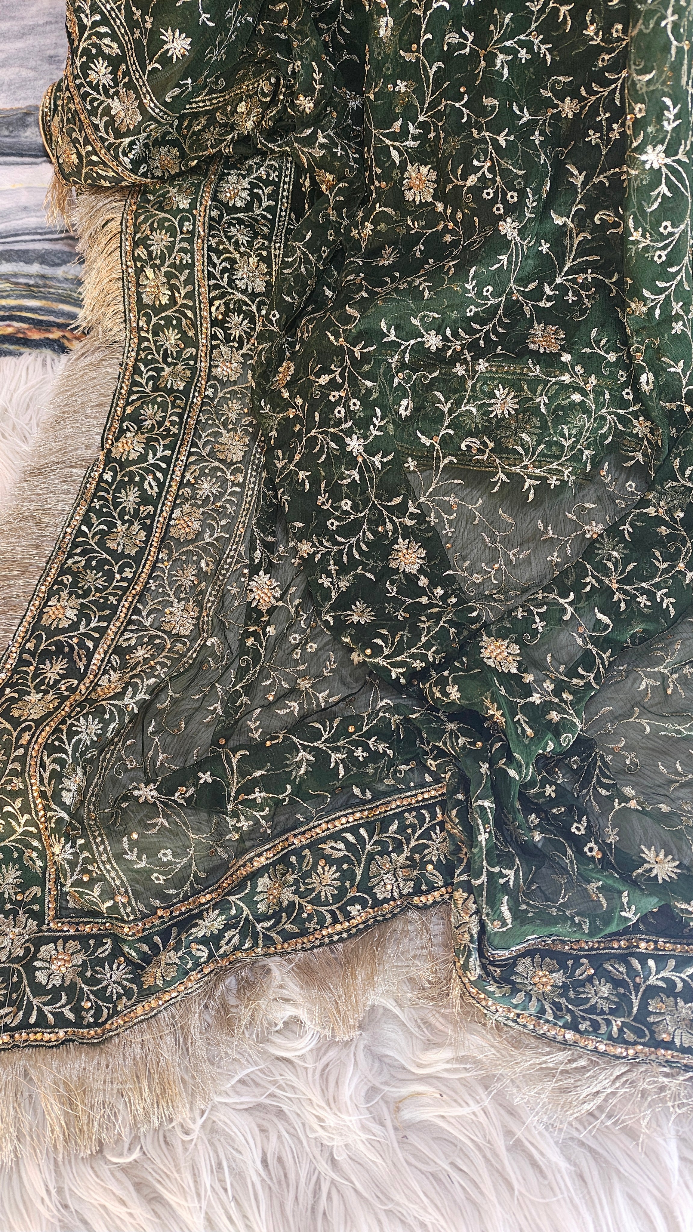 Dark Mehandi green Embroidered Gharara with Viscose silk base