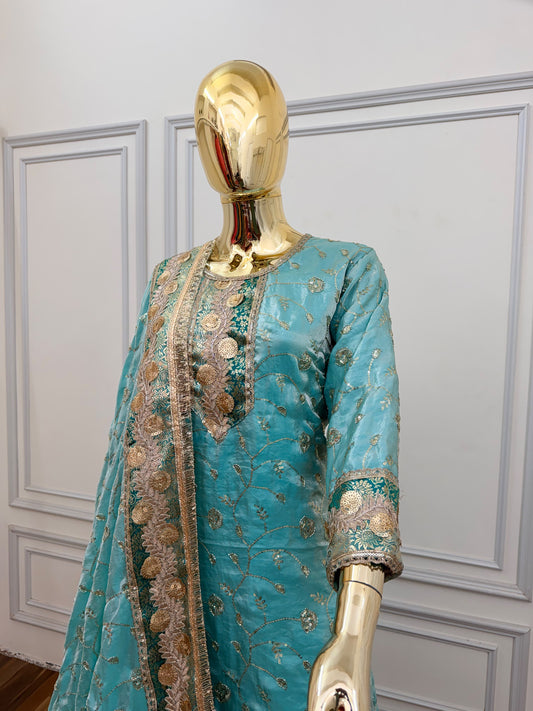 SKY BLUE RAMPURI GHARARA