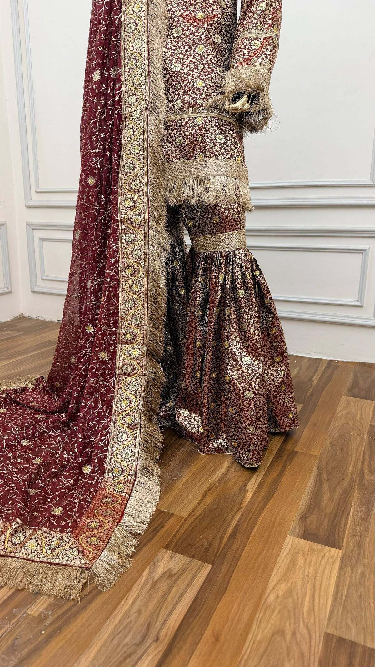DARK RED COLOR BANARASI KIMKHAB GHARARA WITH STONE WORK