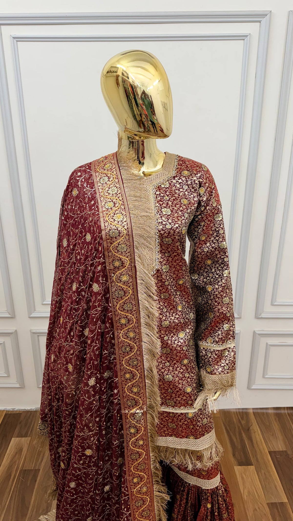 DARK RED COLOR BANARASI KIMKHAB GHARARA WITH STONE WORK