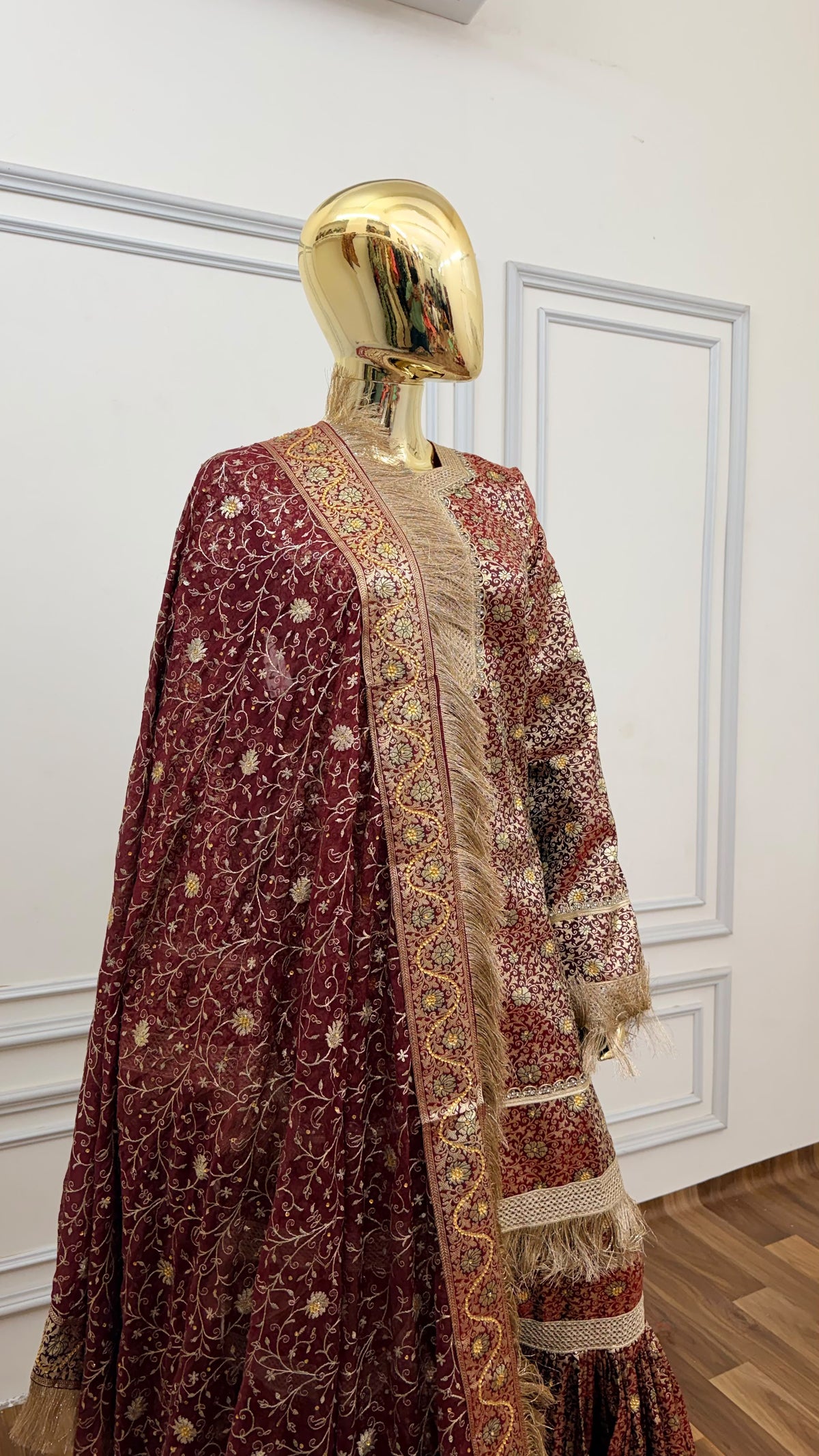 DARK RED COLOR BANARASI KIMKHAB GHARARA WITH STONE WORK