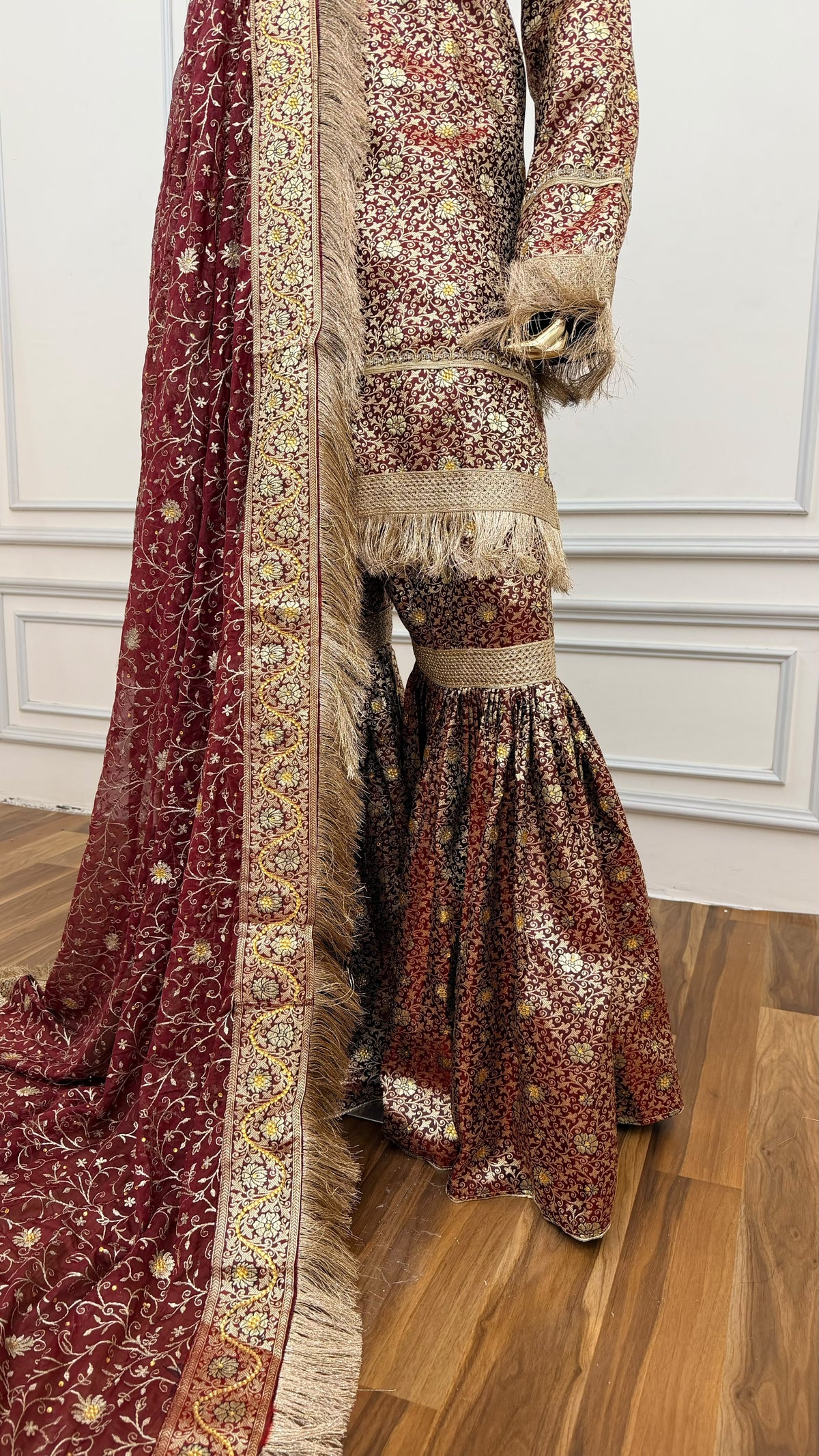 DARK RED COLOR BANARASI KIMKHAB GHARARA WITH STONE WORK