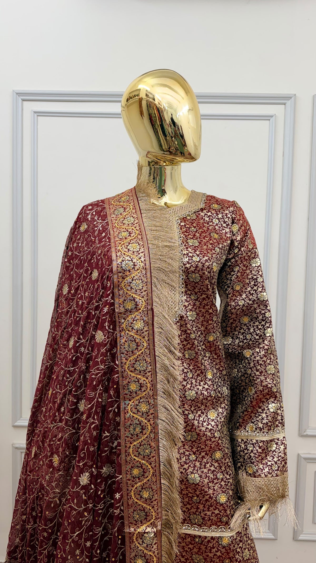 DARK RED COLOR BANARASI KIMKHAB GHARARA WITH STONE WORK