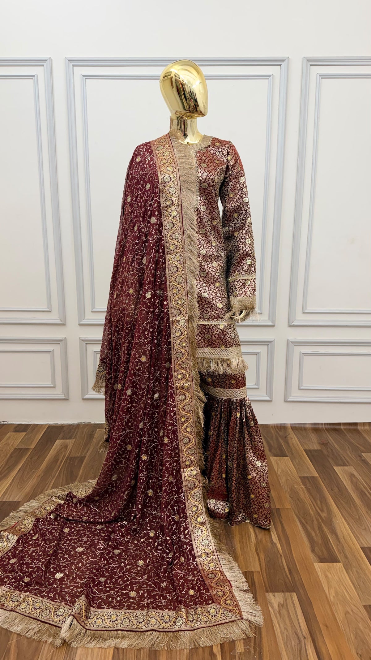 DARK RED COLOR BANARASI KIMKHAB GHARARA WITH STONE WORK