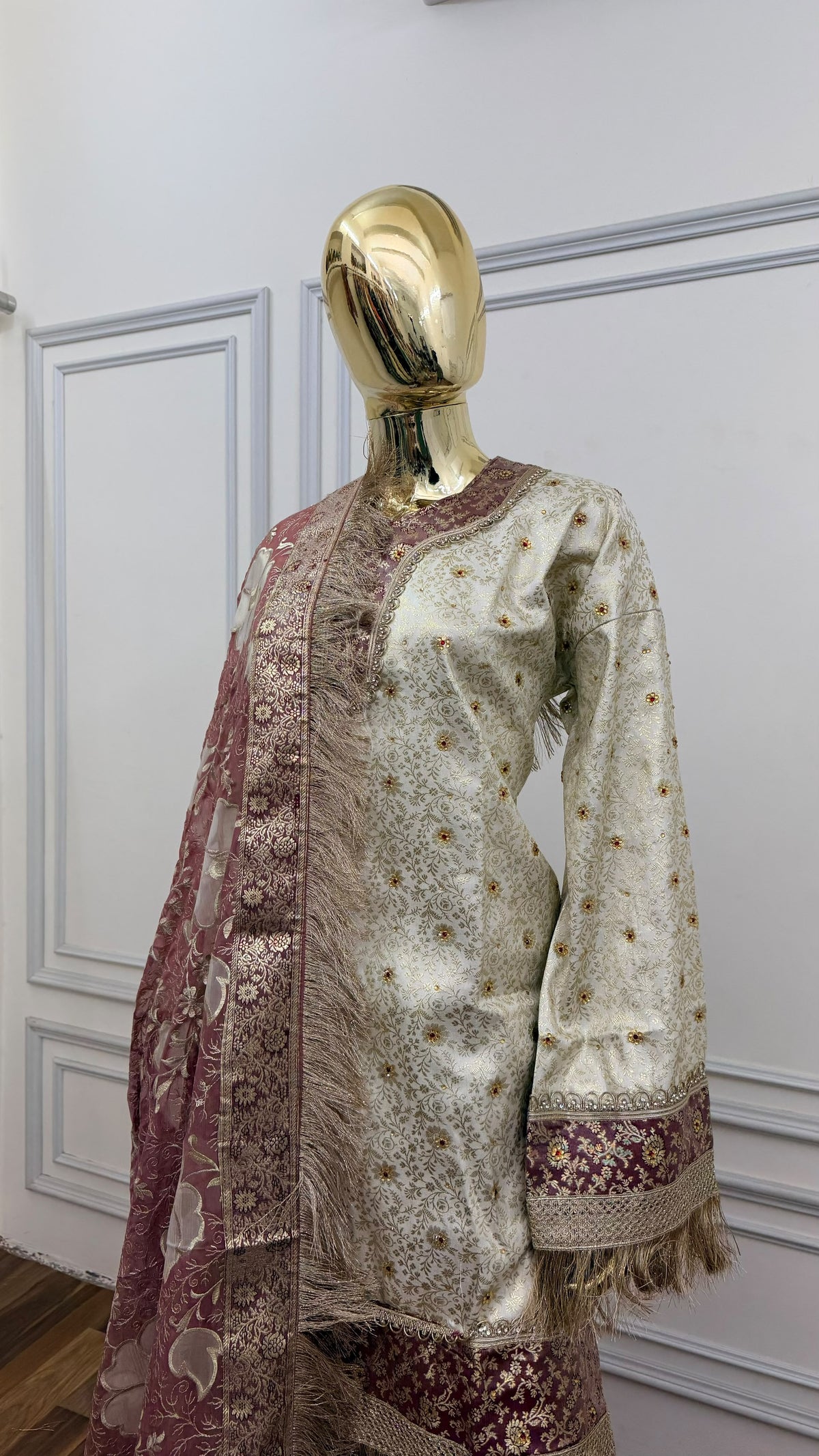 COFFEE COLOR OF WHITE BANARASI KIMKHAB GHARARA WITH FLOWER DUPATTA