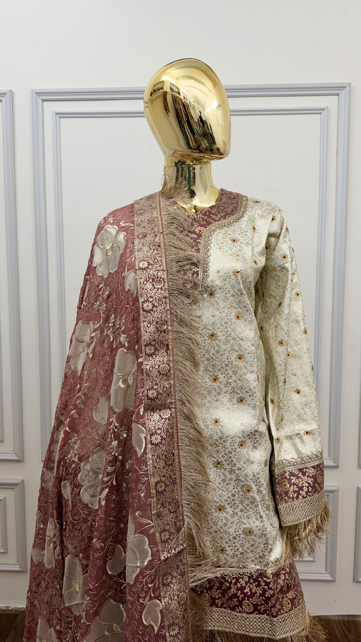 COFFEE COLOR OF WHITE BANARASI KIMKHAB GHARARA WITH FLOWER DUPATTA