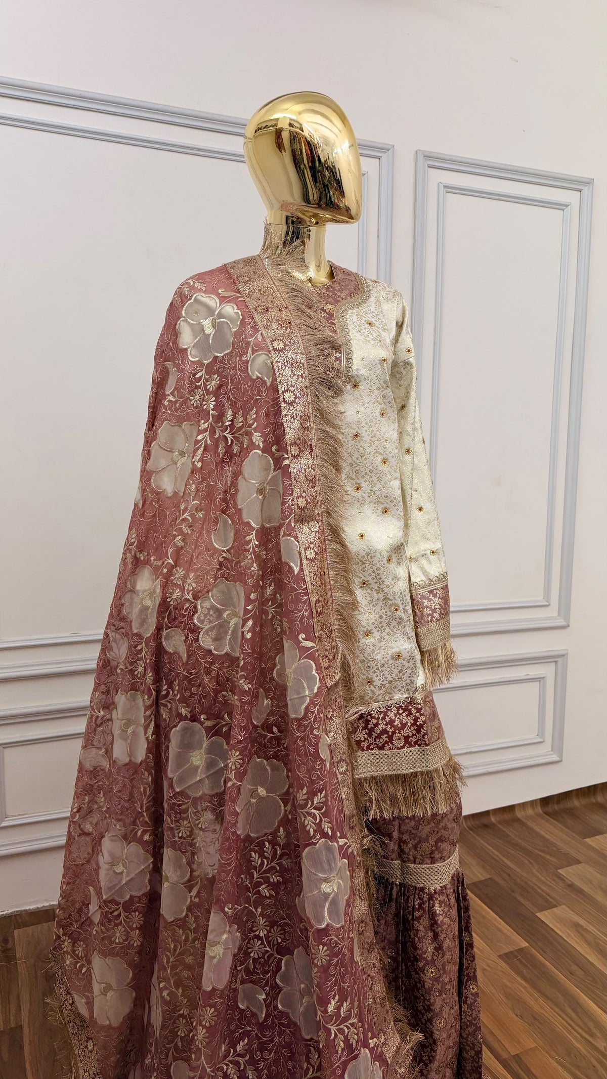 COFFEE COLOR OF WHITE BANARASI KIMKHAB GHARARA WITH FLOWER DUPATTA
