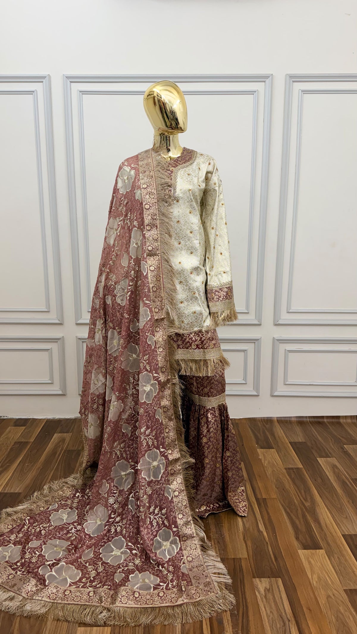 COFFEE COLOR OF WHITE BANARASI KIMKHAB GHARARA WITH FLOWER DUPATTA