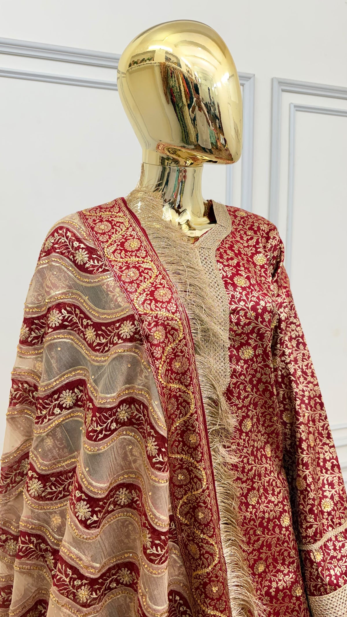 BLOOD RED COLOR BANARASI KIMKHAB GHARARA WITH STONE WORK