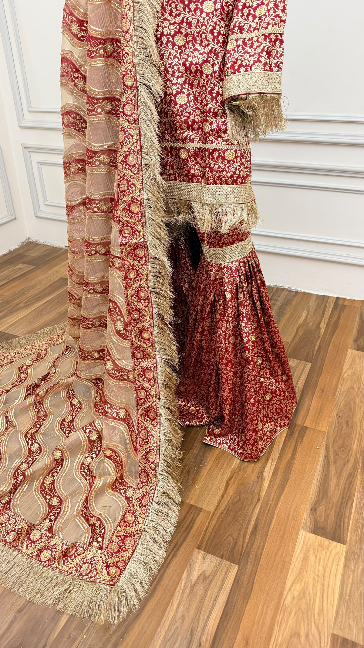 BLOOD RED COLOR BANARASI KIMKHAB GHARARA WITH STONE WORK