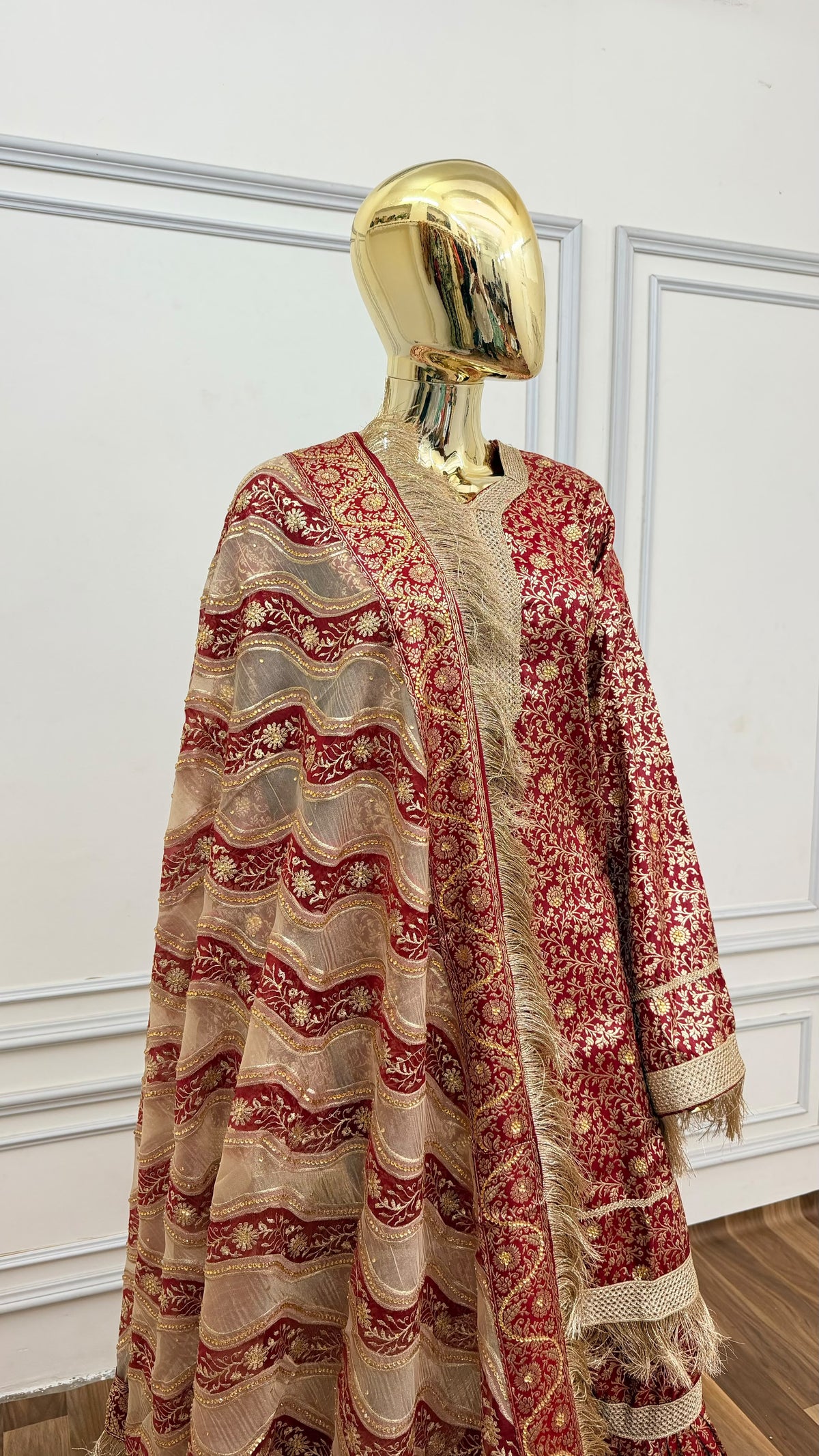 BLOOD RED COLOR BANARASI KIMKHAB GHARARA WITH STONE WORK