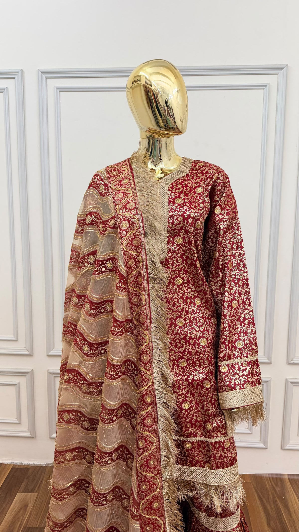 BLOOD RED COLOR BANARASI KIMKHAB GHARARA WITH STONE WORK