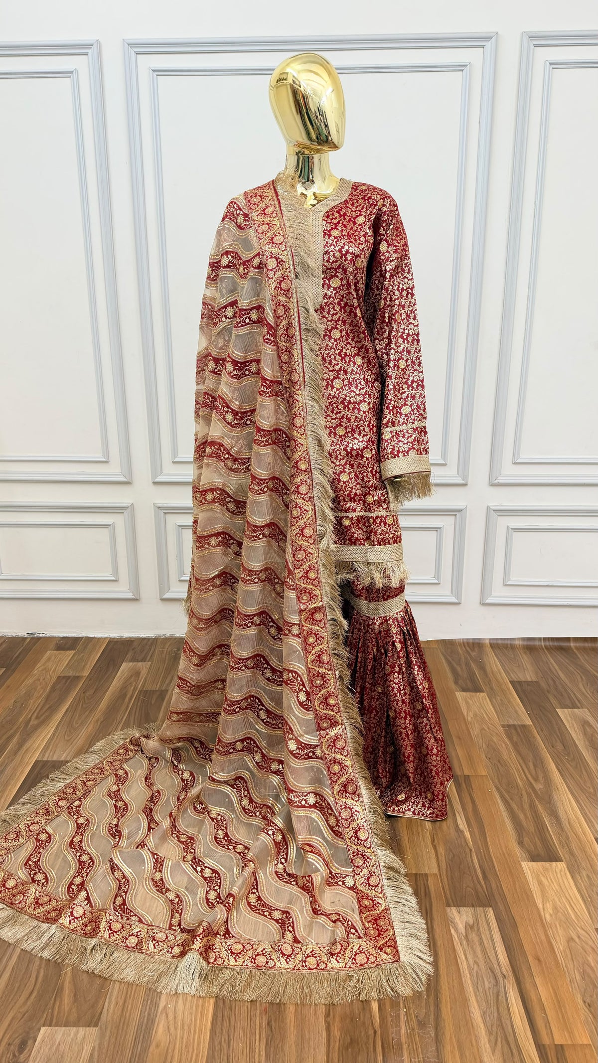 BLOOD RED COLOR BANARASI KIMKHAB GHARARA WITH STONE WORK