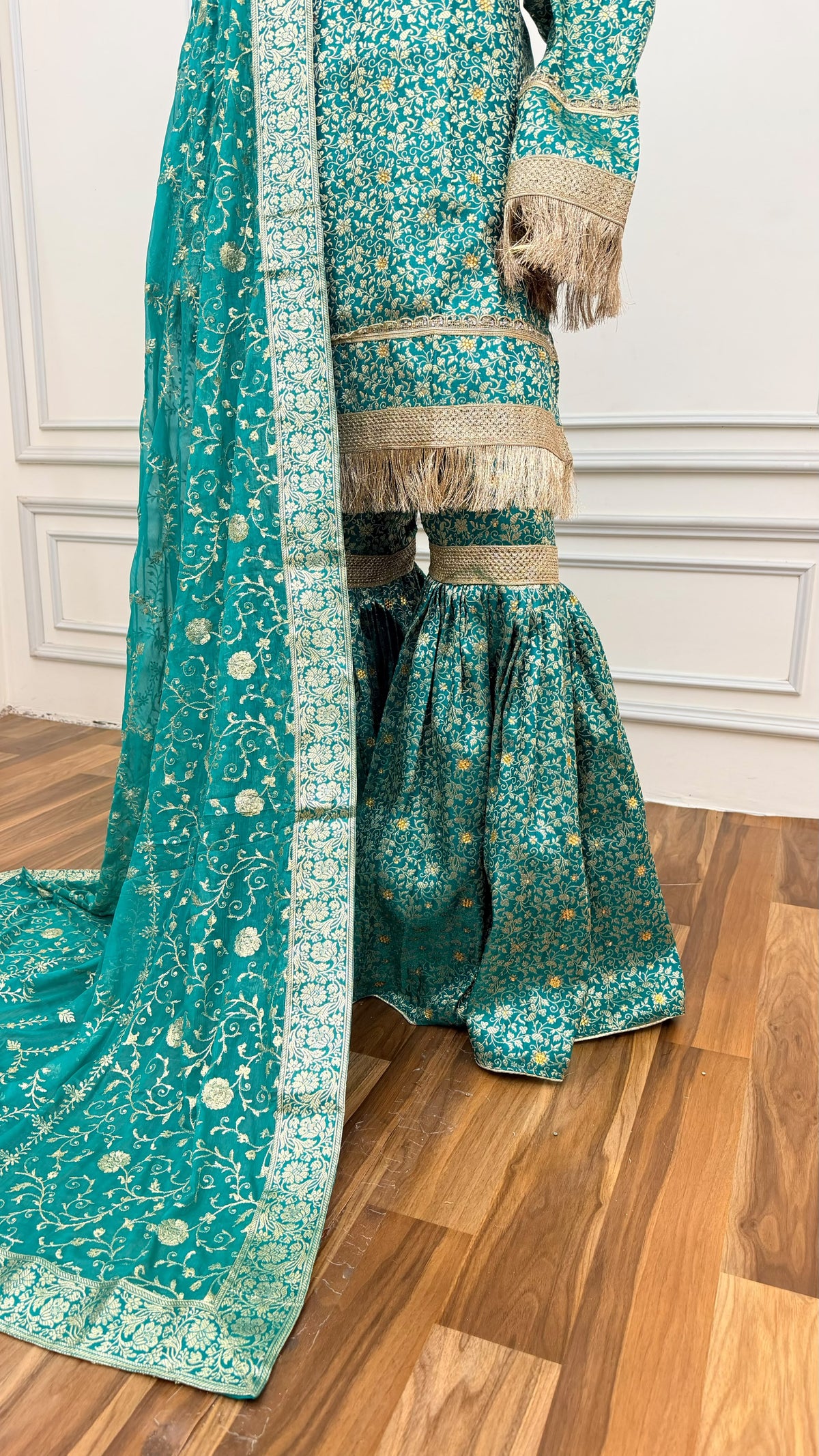 DEEP SEA GREEN COLOR BANARASI KIMKHAB GHARARA WITH STONE WORK