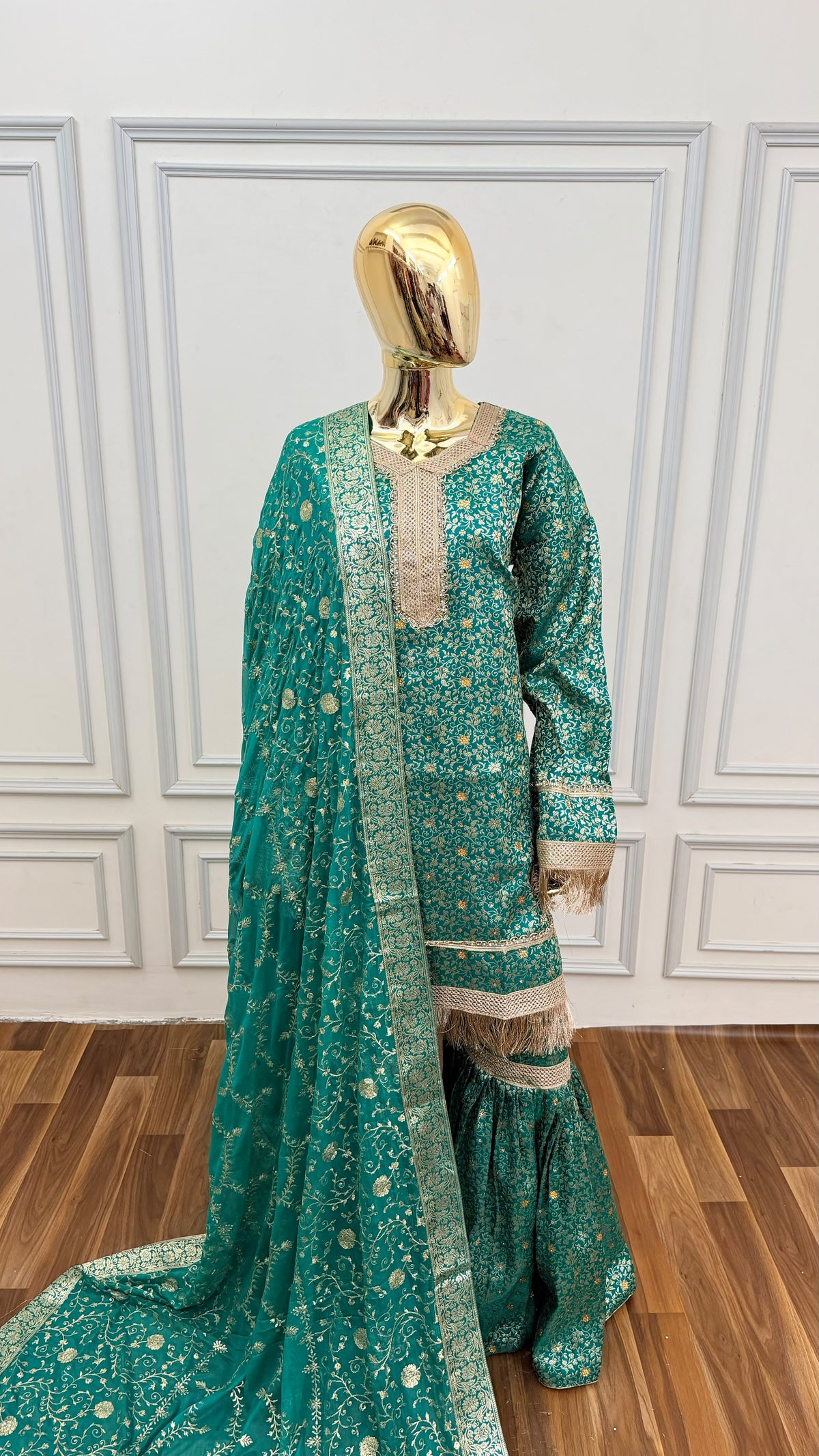 DEEP SEA GREEN COLOR BANARASI KIMKHAB GHARARA WITH STONE WORK