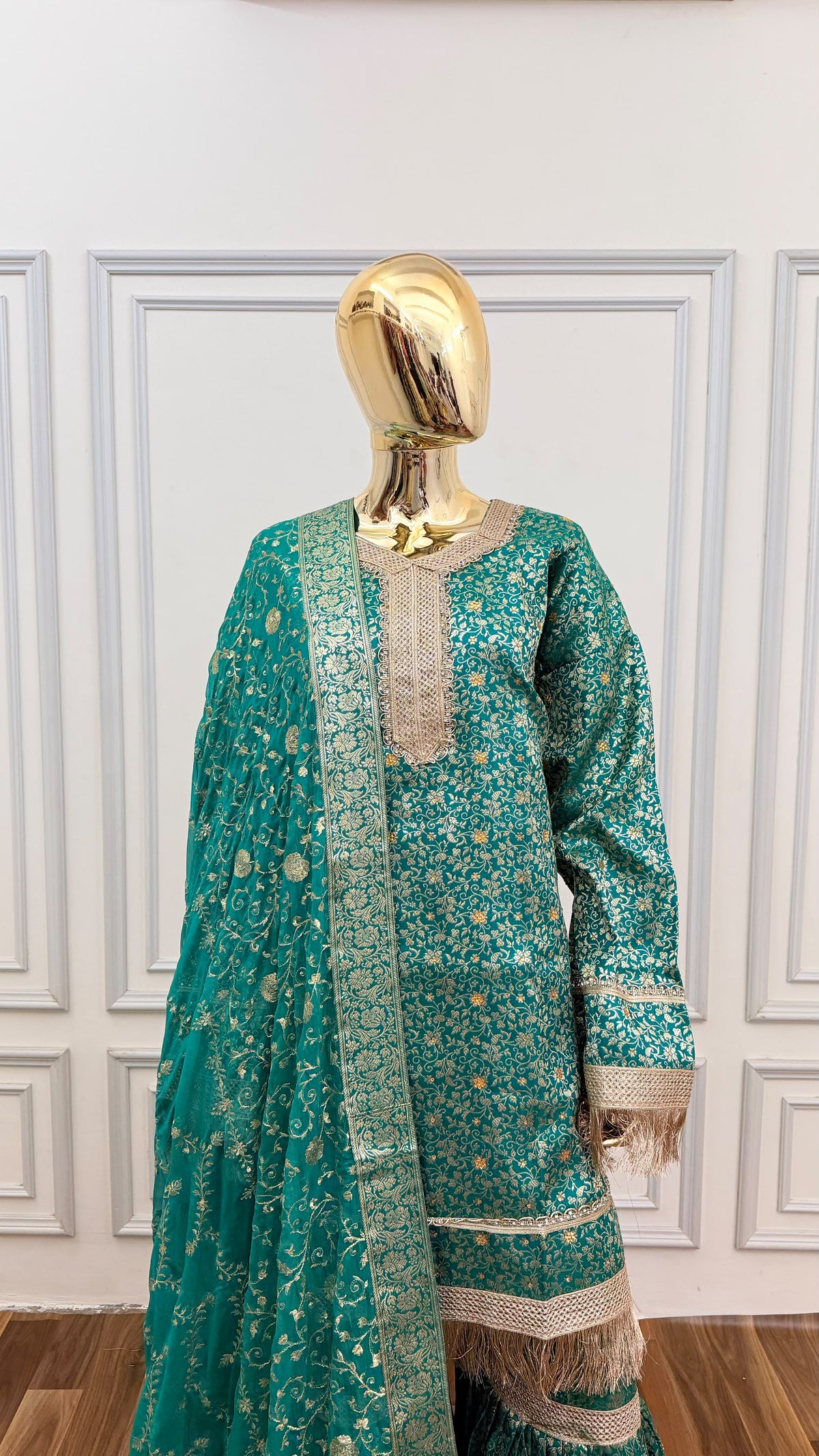 DEEP SEA GREEN COLOR BANARASI KIMKHAB GHARARA WITH STONE WORK