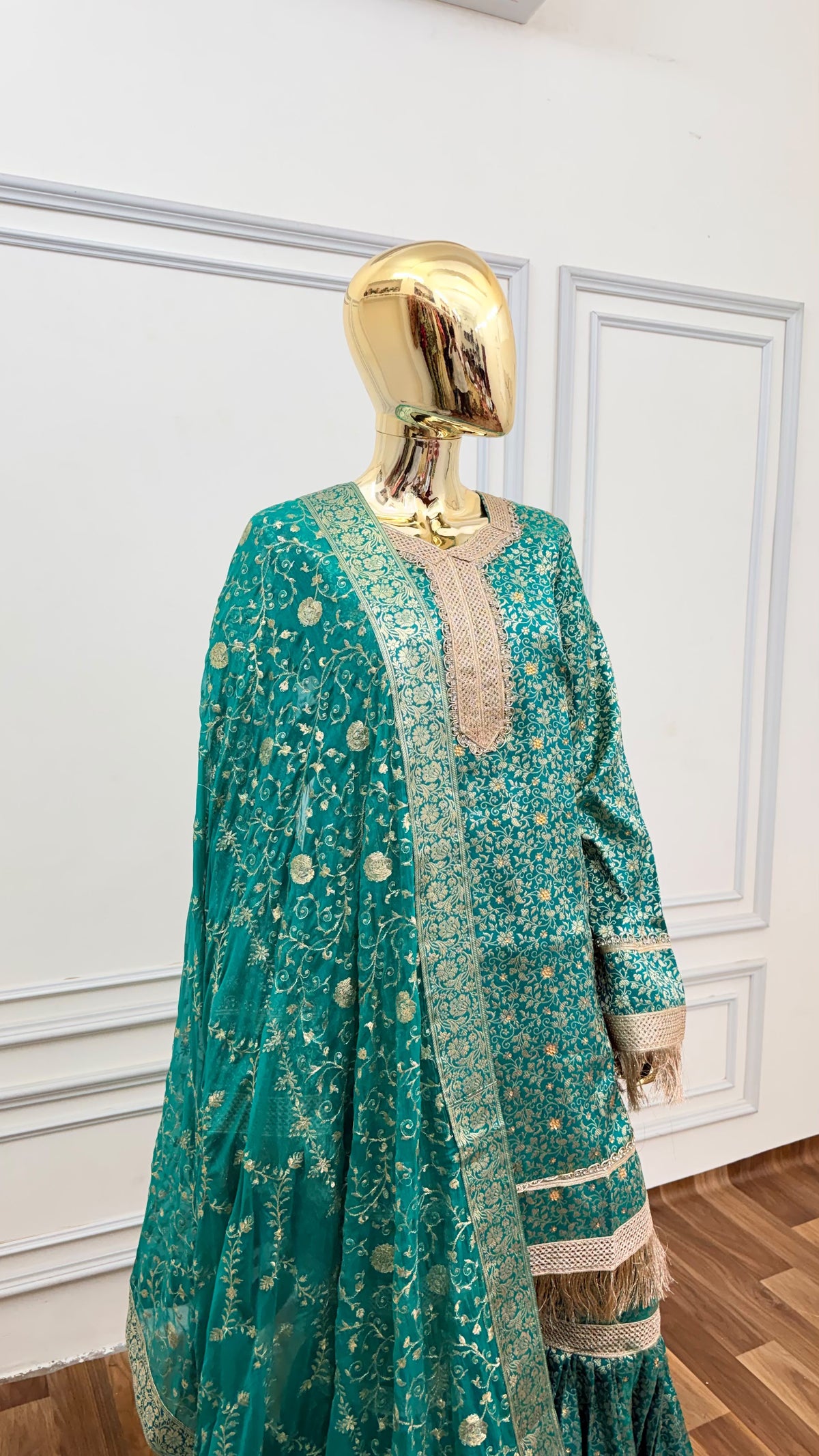 DEEP SEA GREEN COLOR BANARASI KIMKHAB GHARARA WITH STONE WORK