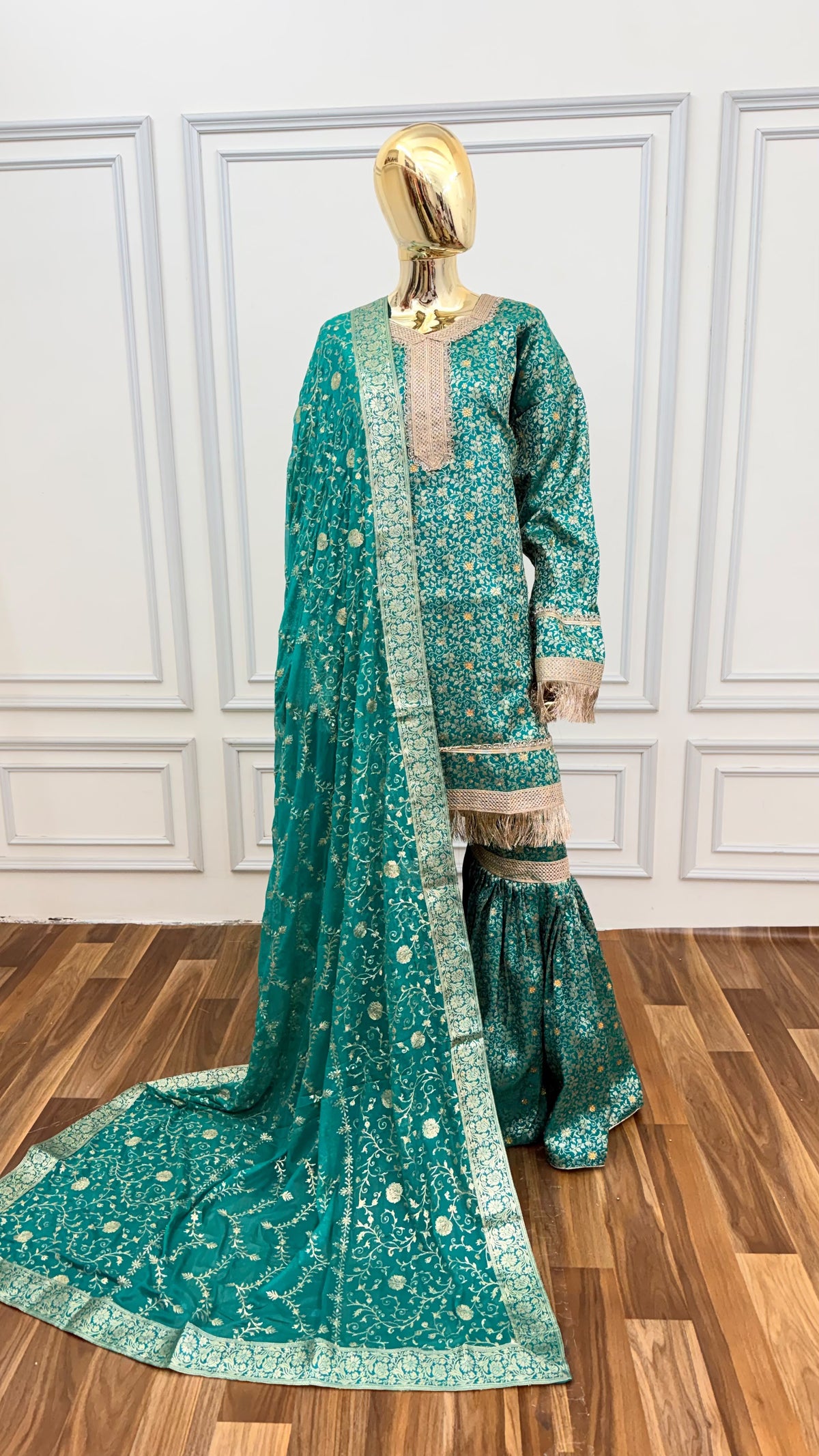 DEEP SEA GREEN COLOR BANARASI KIMKHAB GHARARA WITH STONE WORK