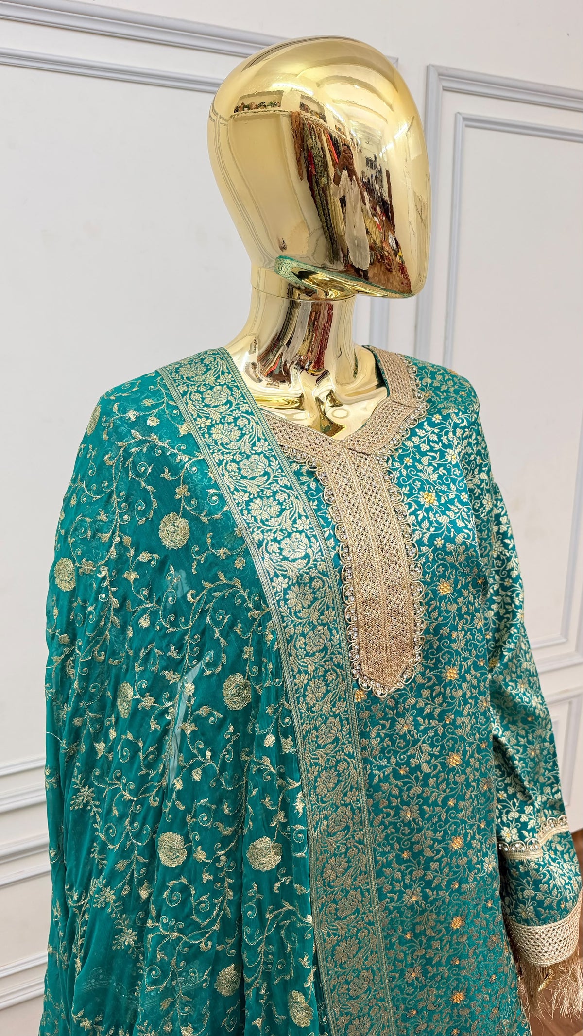 DEEP SEA GREEN COLOR BANARASI KIMKHAB GHARARA WITH STONE WORK