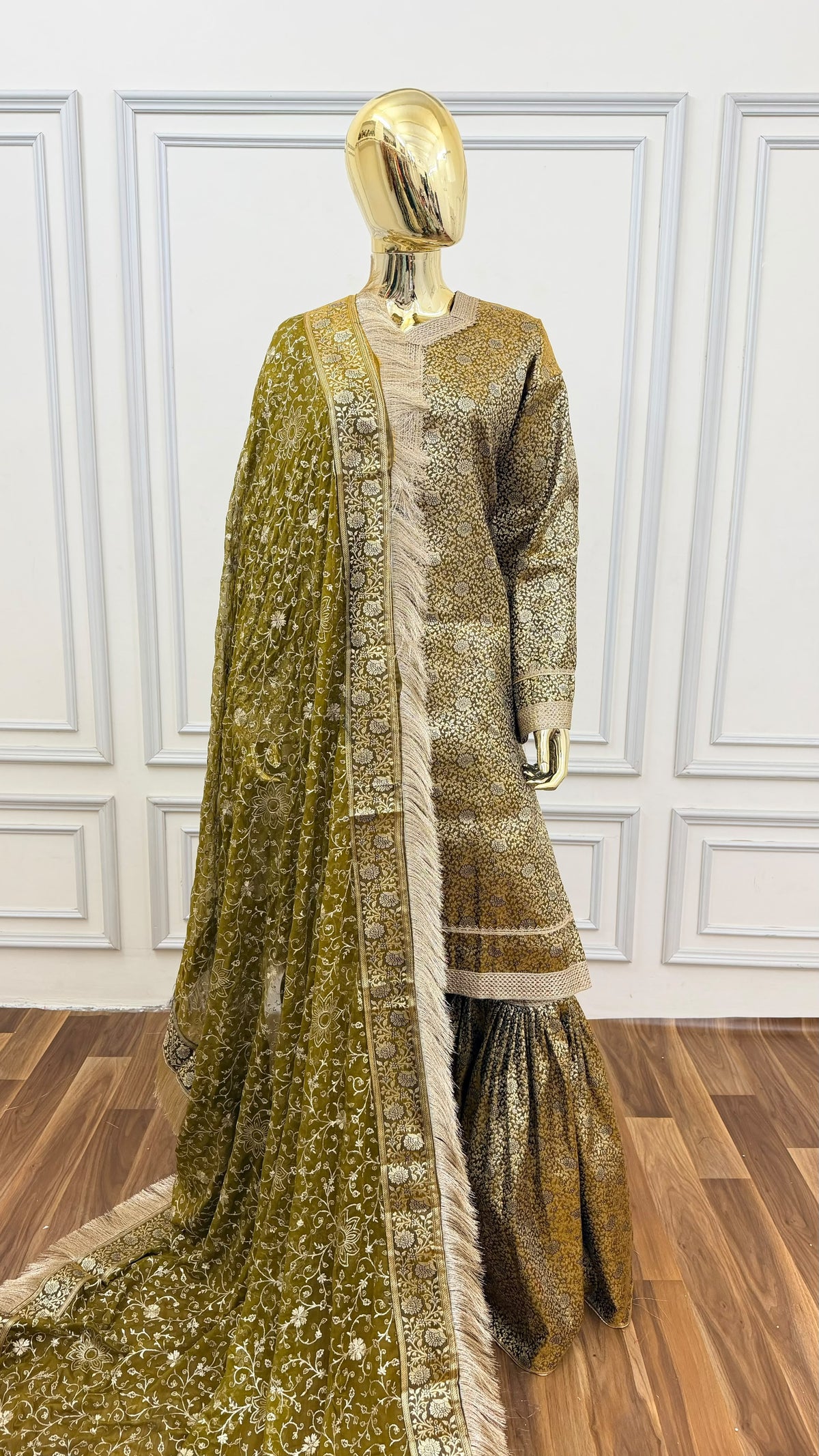 OLIVE GREEN COLOR BANARASI KIMKHAB GHARARA WITH STONE WORK