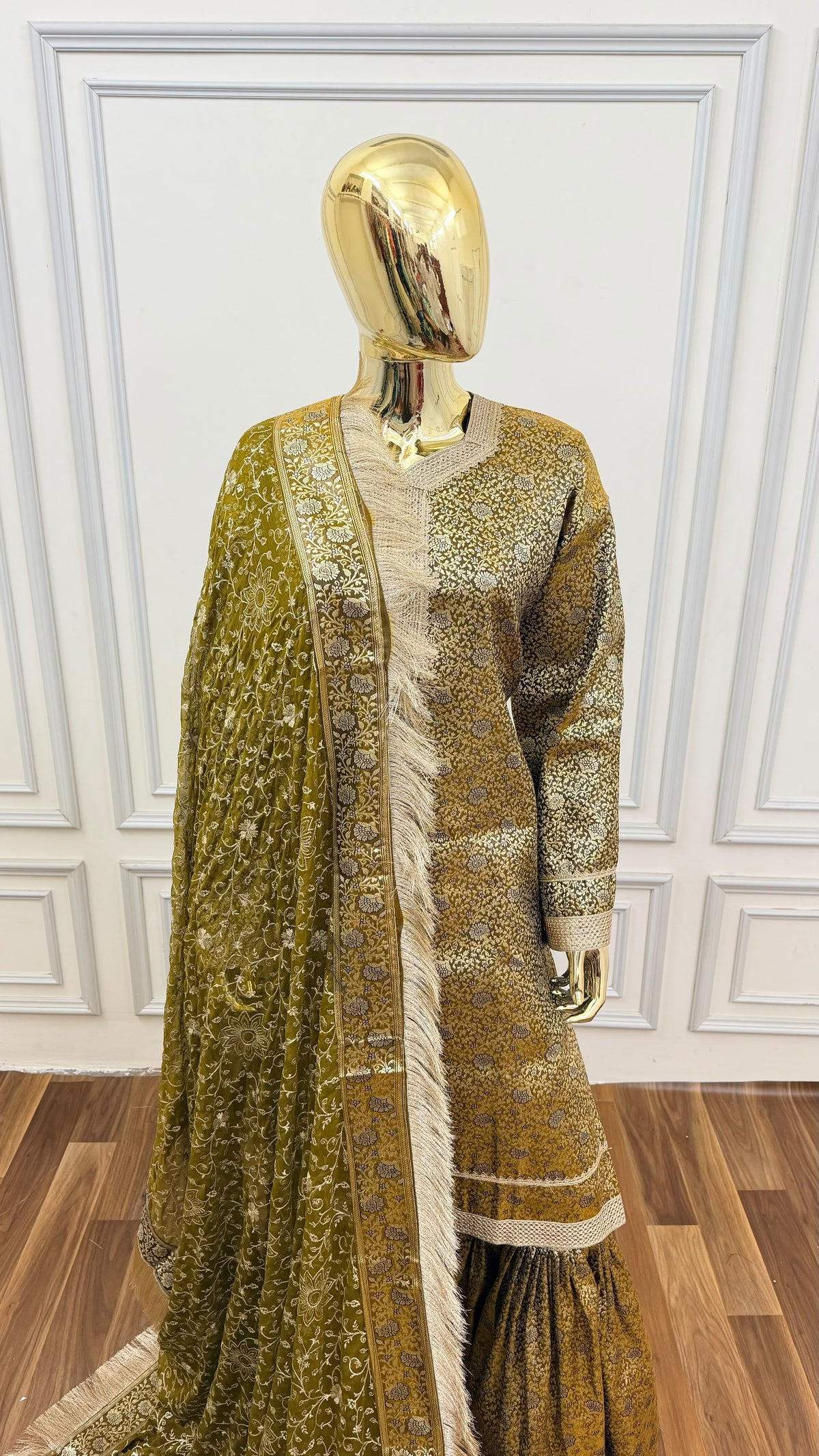 OLIVE GREEN COLOR BANARASI KIMKHAB GHARARA WITH STONE WORK