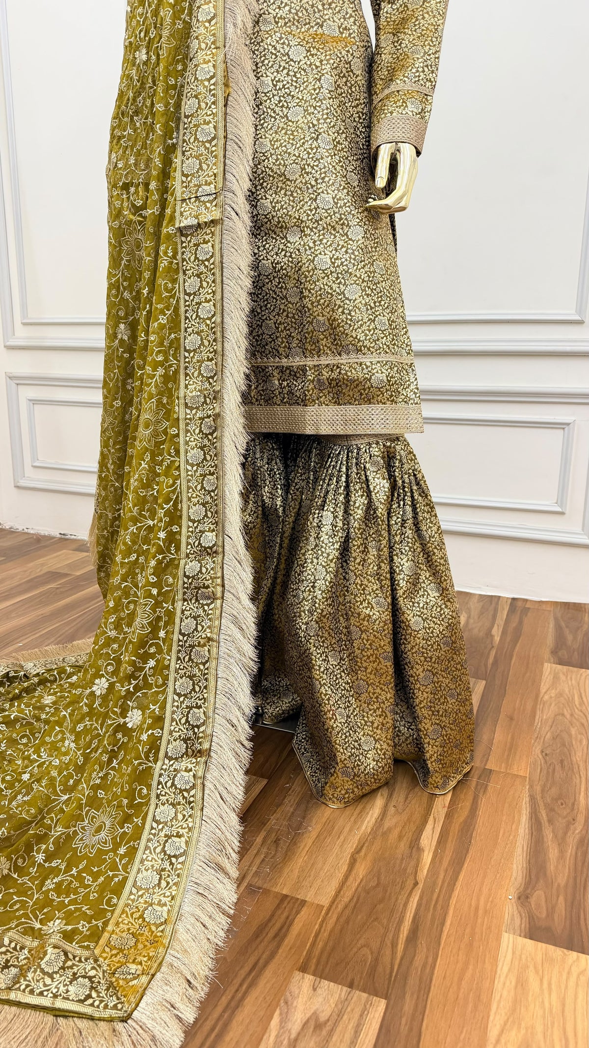 OLIVE GREEN COLOR BANARASI KIMKHAB GHARARA WITH STONE WORK