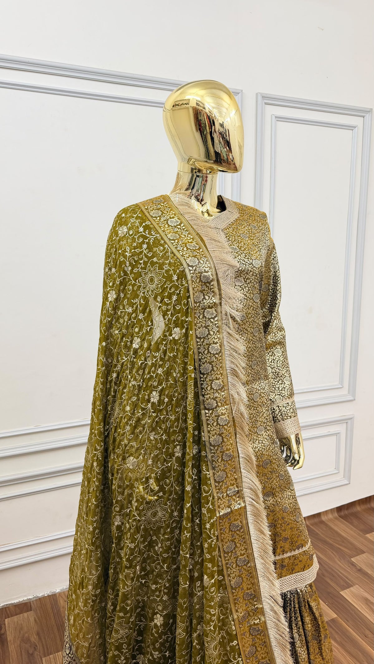 OLIVE GREEN COLOR BANARASI KIMKHAB GHARARA WITH STONE WORK