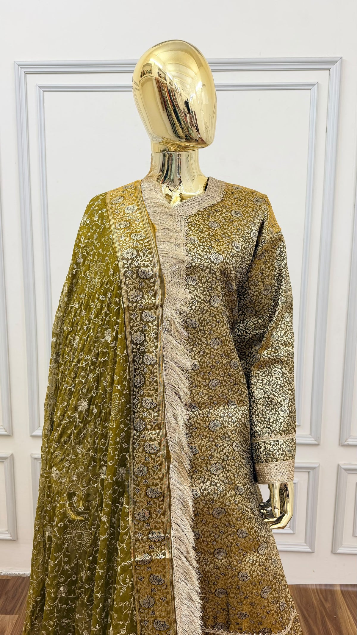 OLIVE GREEN COLOR BANARASI KIMKHAB GHARARA WITH STONE WORK