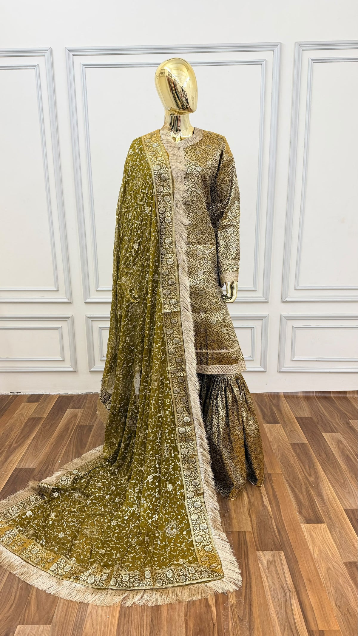 OLIVE GREEN COLOR BANARASI KIMKHAB GHARARA WITH STONE WORK