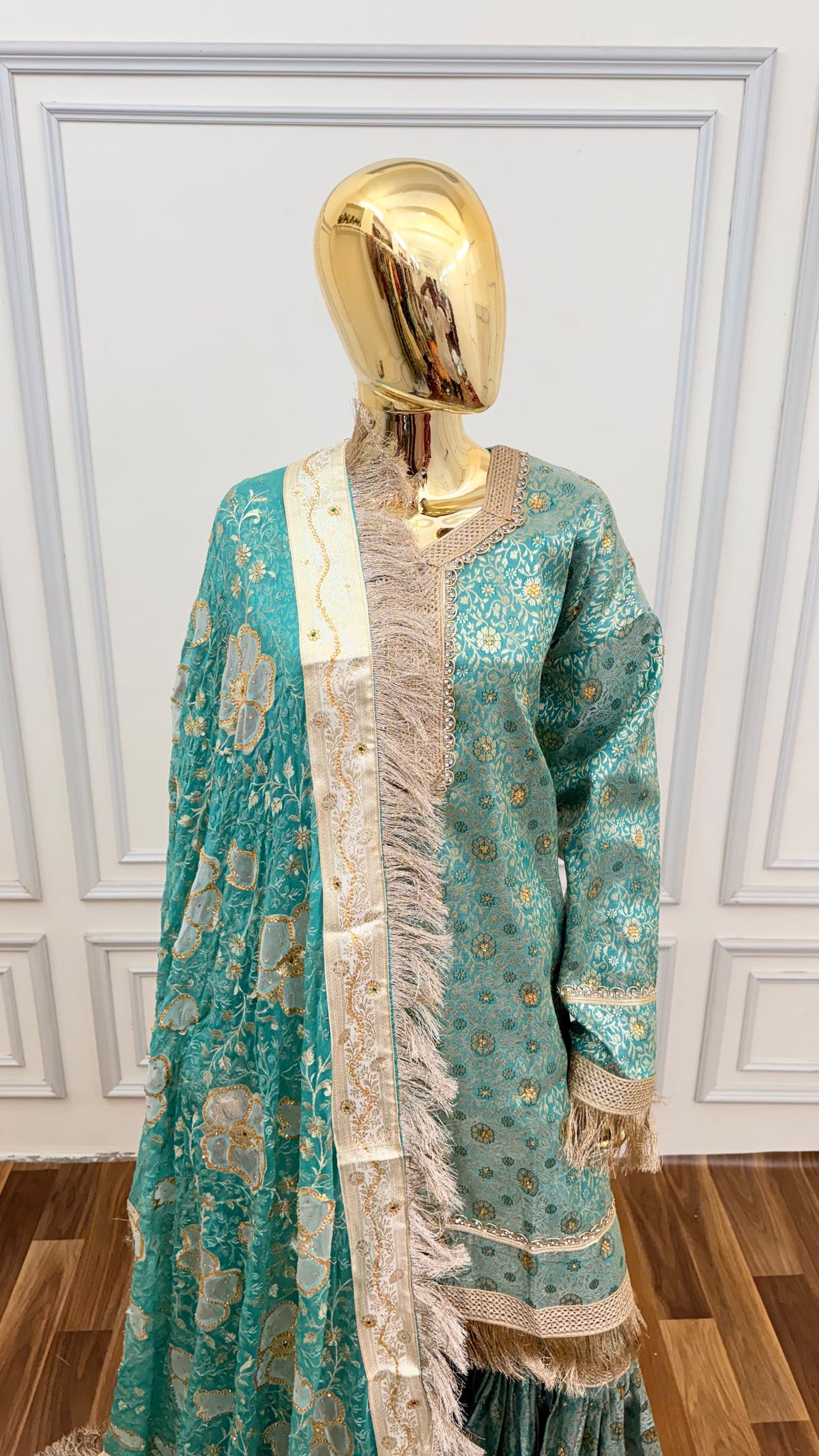 WARM SPRING COLOR BANARASI KIMKHAB GHARARA WITH STONE WORK