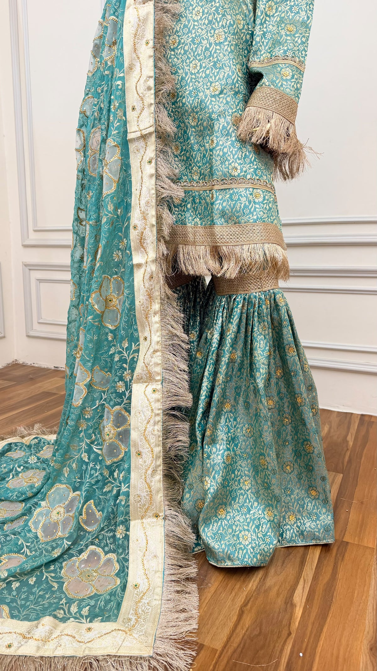 WARM SPRING COLOR BANARASI KIMKHAB GHARARA WITH STONE WORK