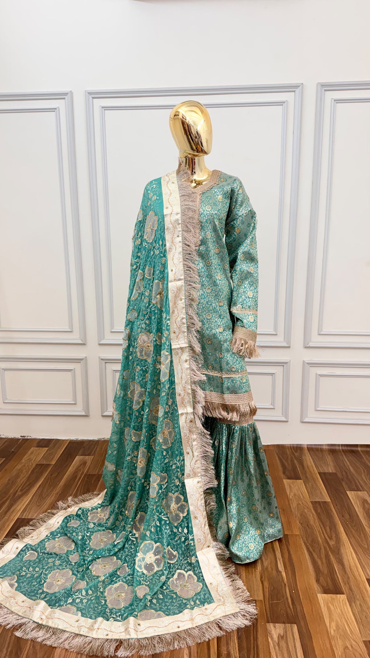 WARM SPRING COLOR BANARASI KIMKHAB GHARARA WITH STONE WORK