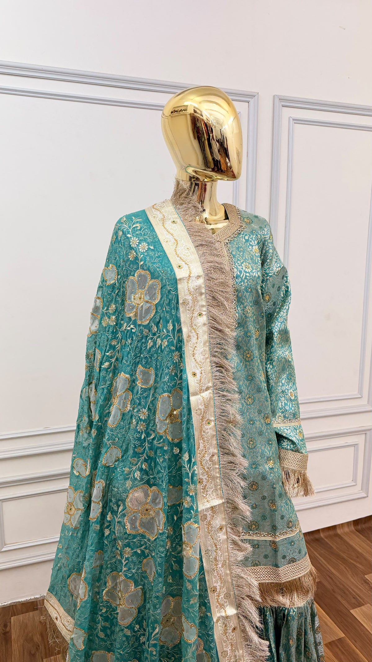 WARM SPRING COLOR BANARASI KIMKHAB GHARARA WITH STONE WORK