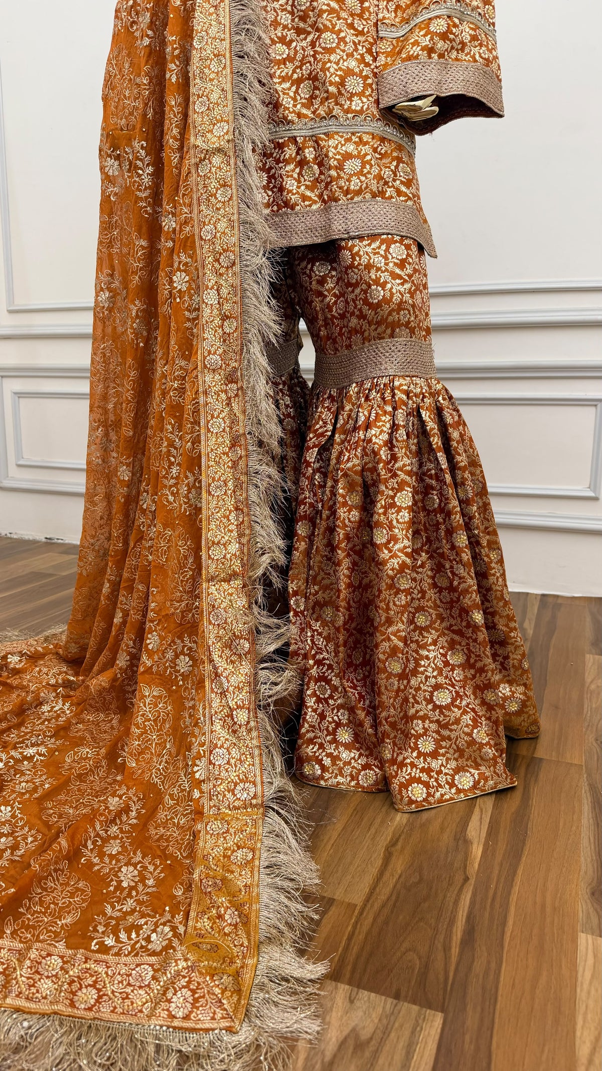 COPPER ORANGE COLOR BANARASI KIMKHAB GHARARA WITH STONE WORK