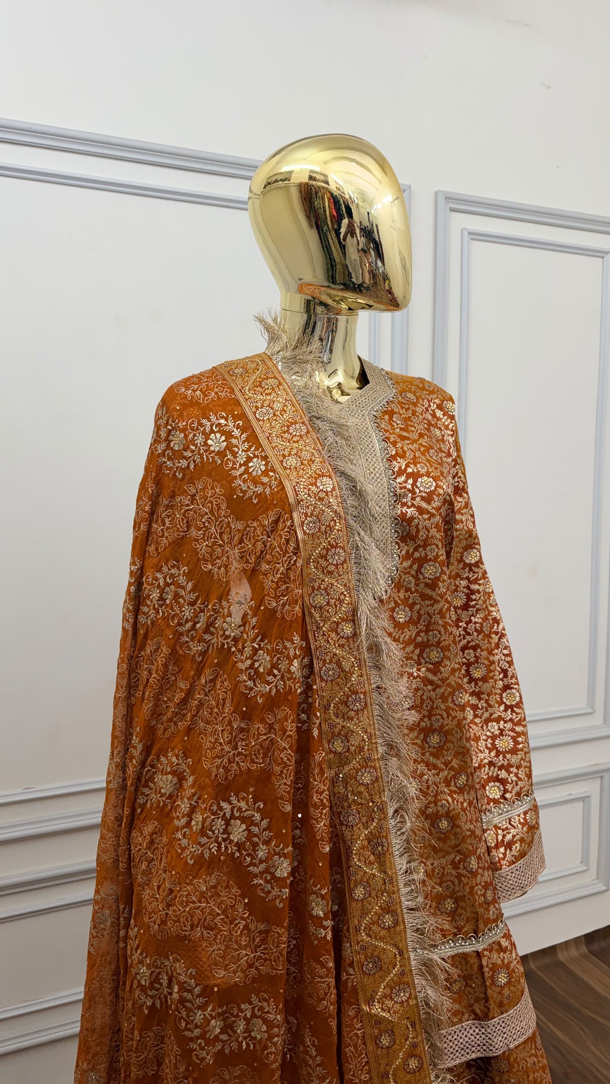 COPPER ORANGE COLOR BANARASI KIMKHAB GHARARA WITH STONE WORK