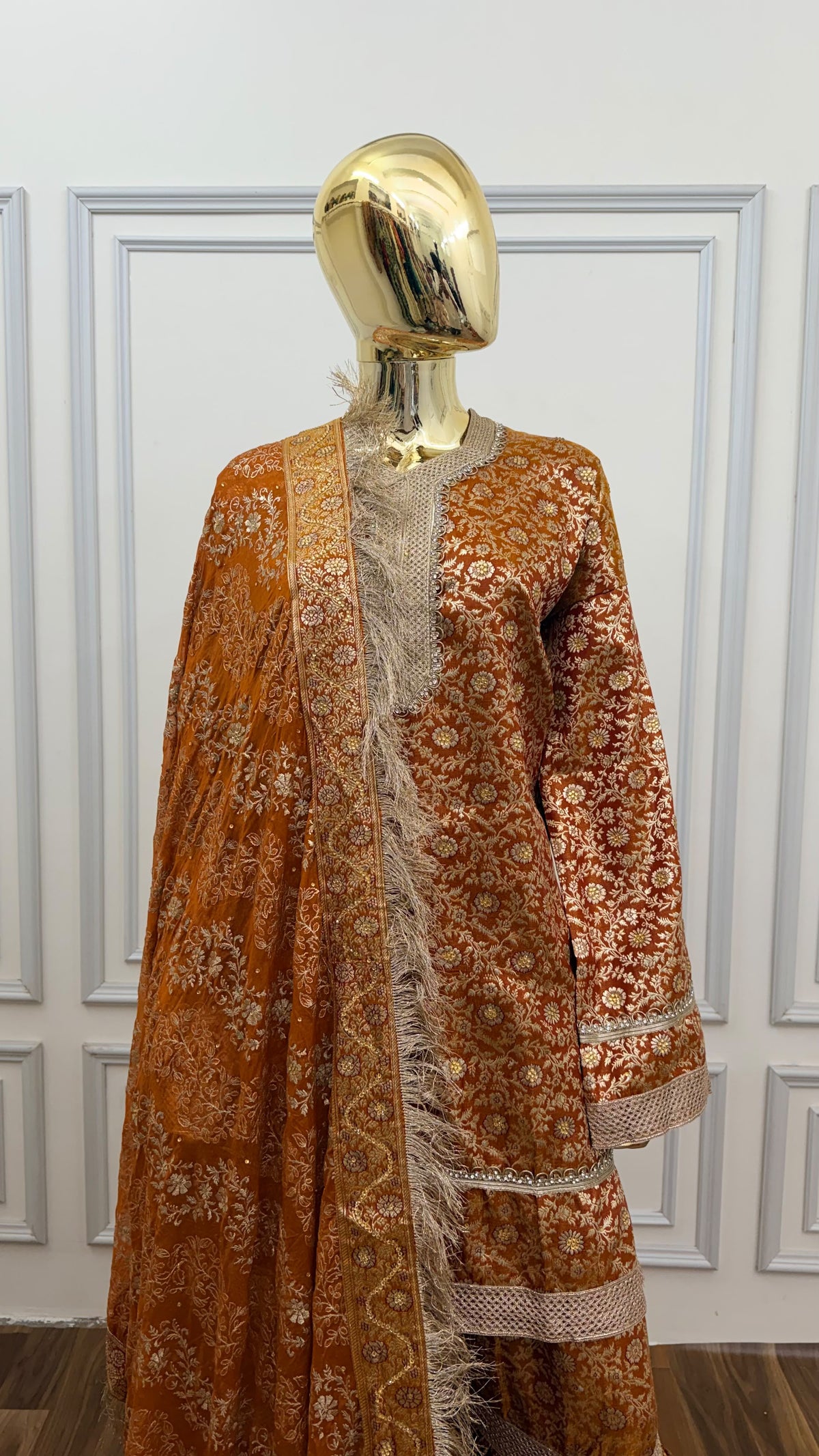 COPPER ORANGE COLOR BANARASI KIMKHAB GHARARA WITH STONE WORK