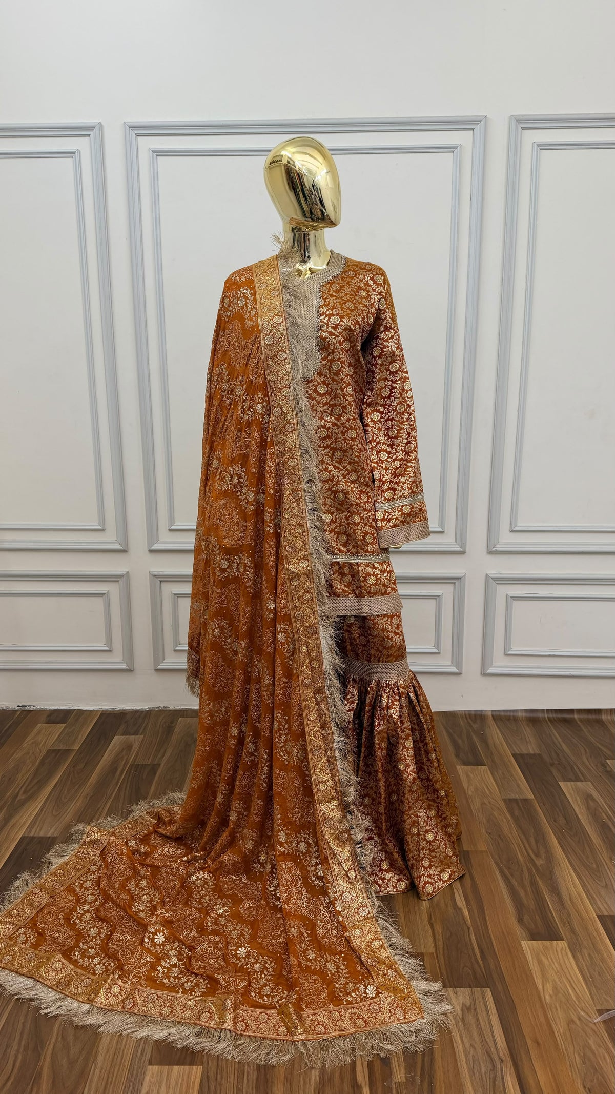 COPPER ORANGE COLOR BANARASI KIMKHAB GHARARA WITH STONE WORK