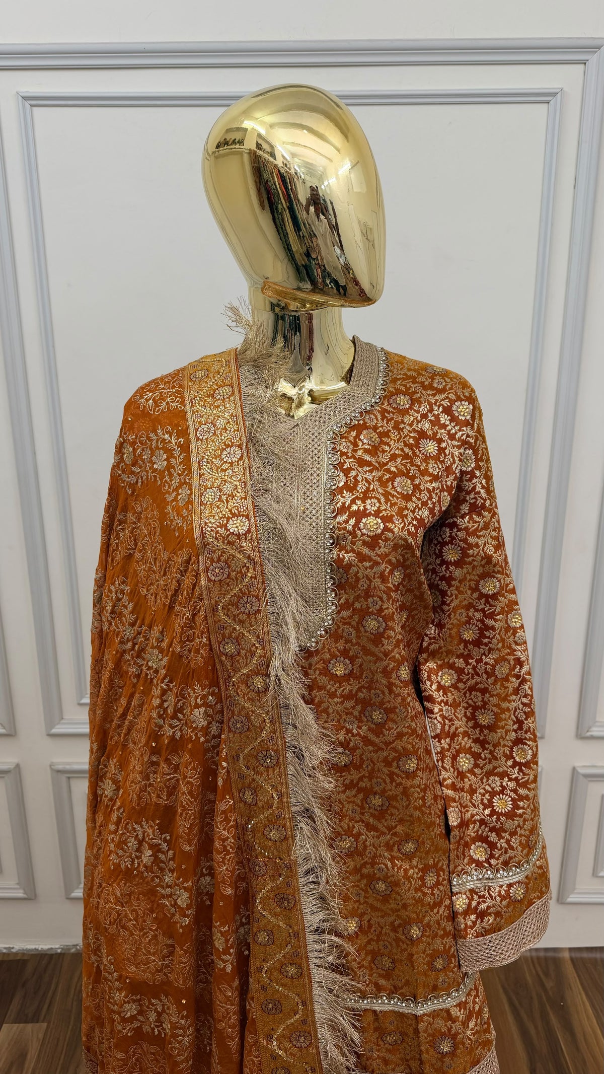 COPPER ORANGE COLOR BANARASI KIMKHAB GHARARA WITH STONE WORK